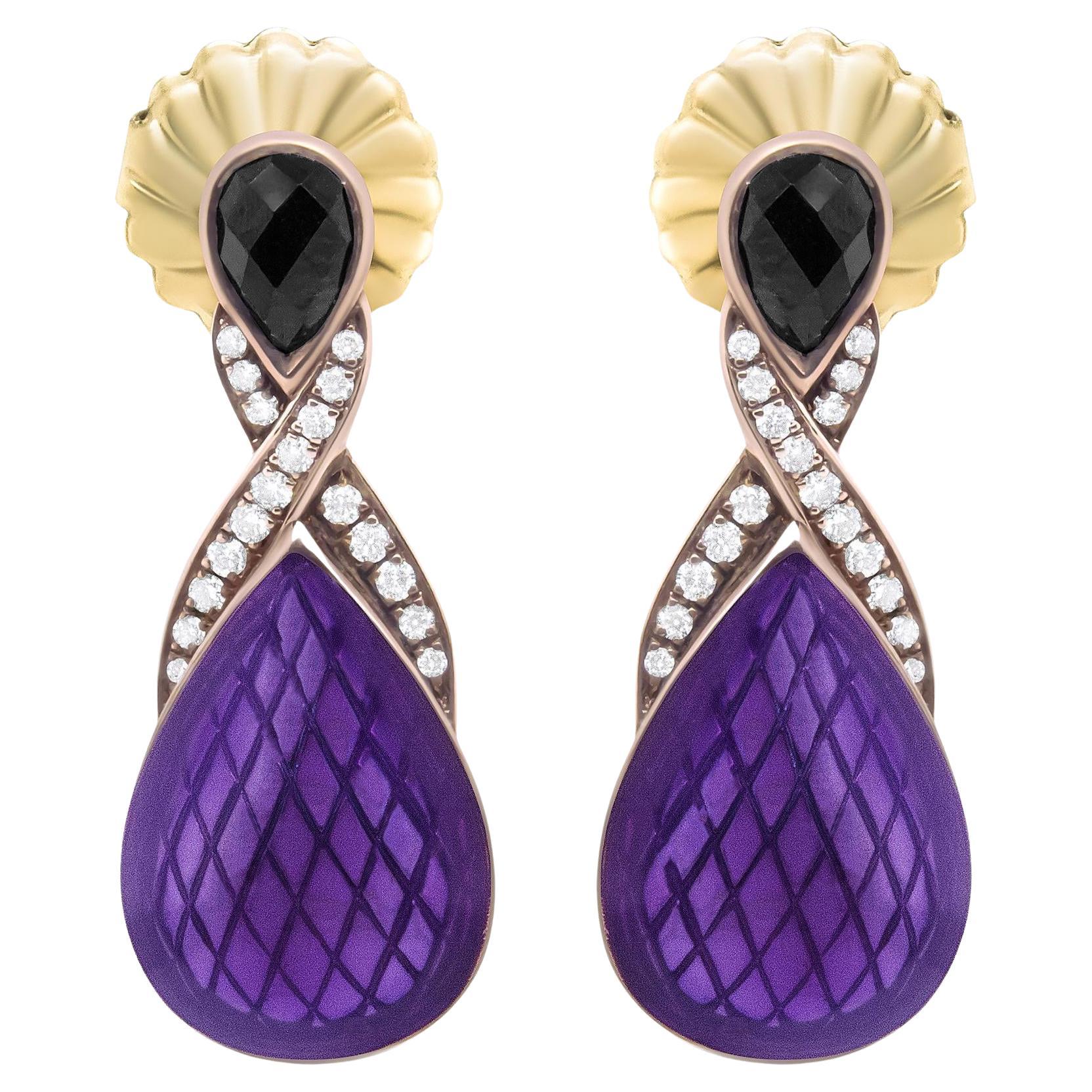 Purple Enamel Drop Earrings Diamonds and Onyx 18K Gold Plated