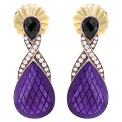 Purple Enamel Drop Earrings Diamonds and Onyx 18K Gold Plated