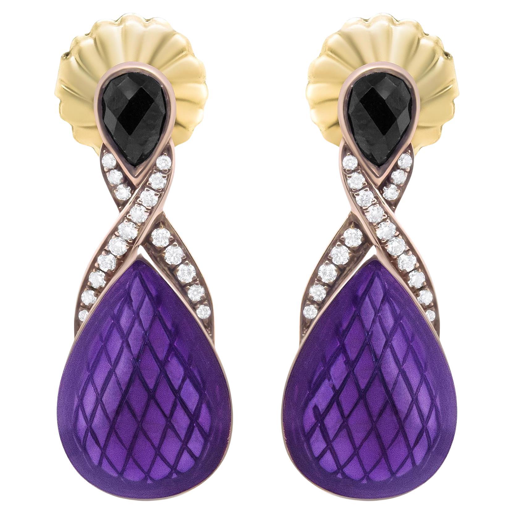 Orecchini a goccia con smalto viola Diamanti e onice Placcati in oro 18 carati