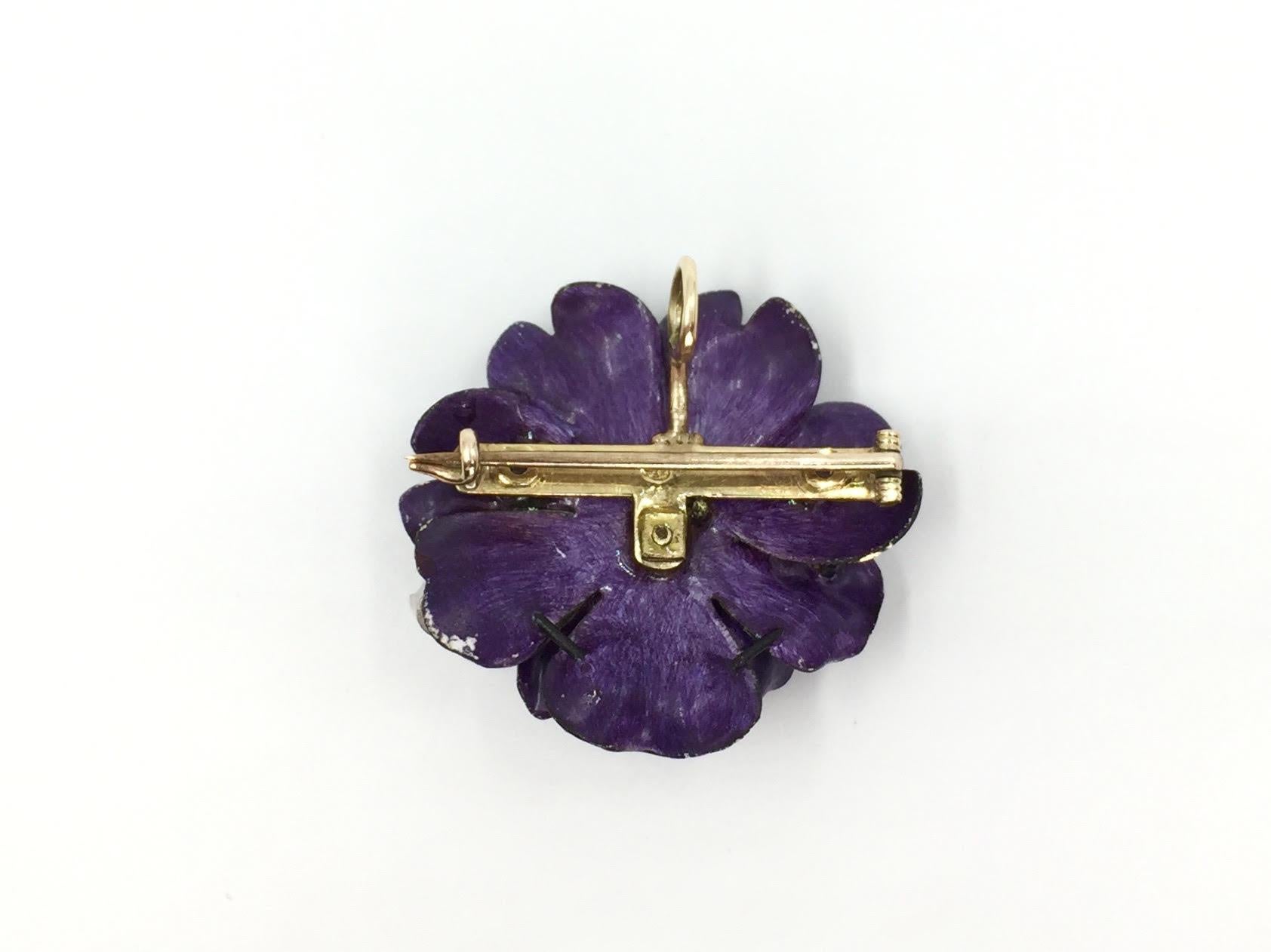 Old Mine Cut Purple Enamel Flower and Diamond Pendant Brooch, circa 1935