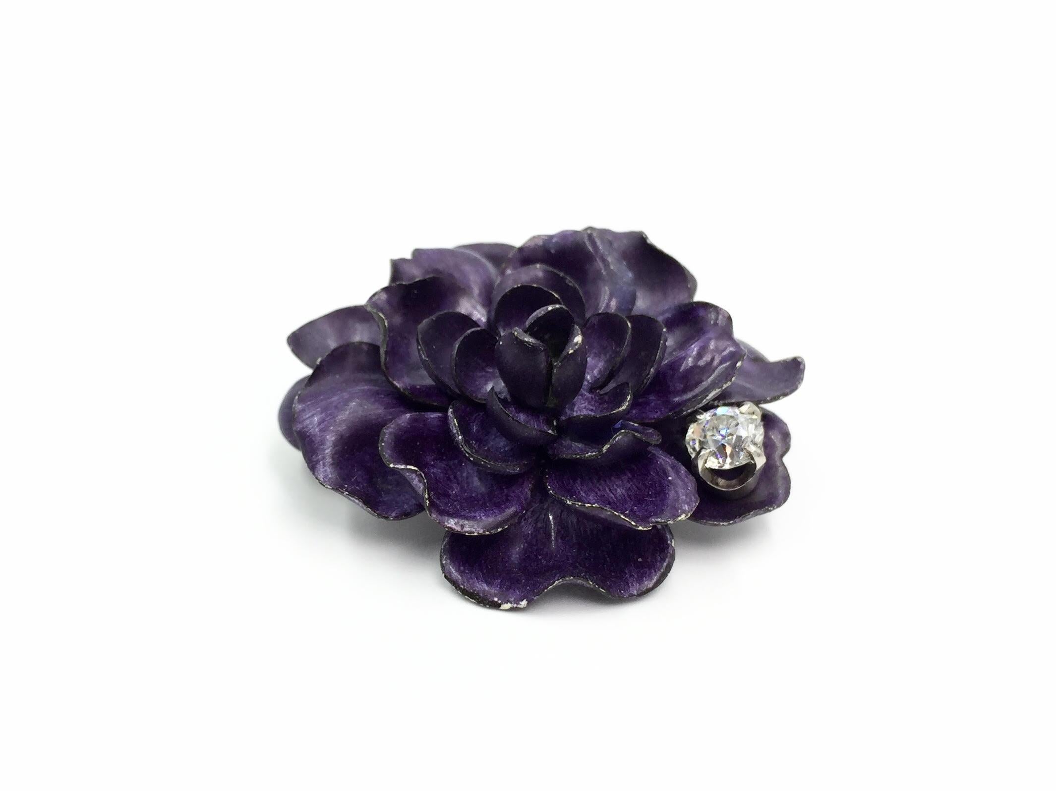 Women's Purple Enamel Flower and Diamond Pendant Brooch, circa 1935