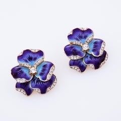 Purple Enamel Pansy Flower Figural Earrings By Crown Trifari, 1960s