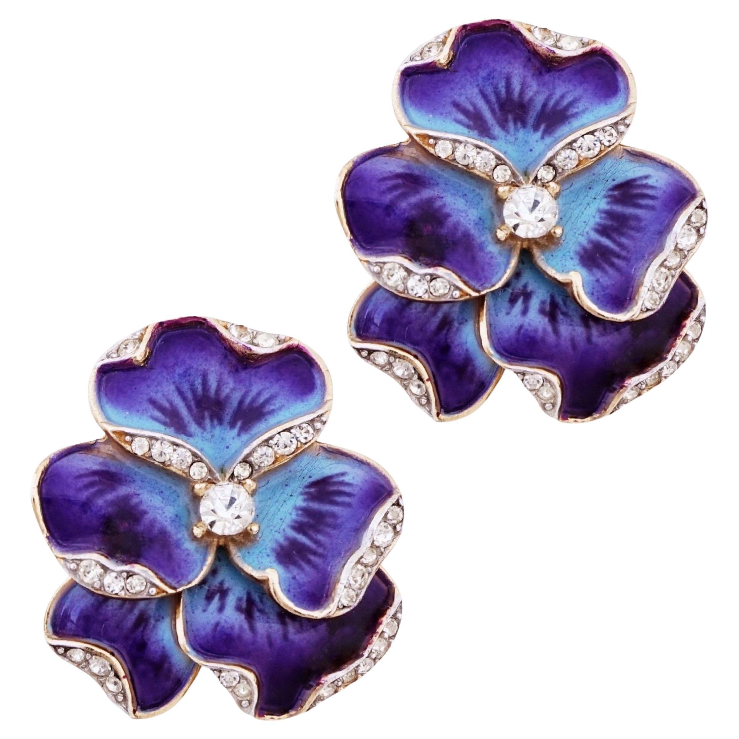 Purple Enamel Pansy Flower Figural Earrings By Crown Trifari, 1960s