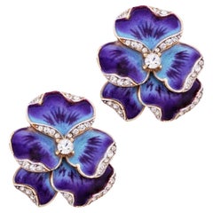 Purple Enamel Pansy Flower Figural Earrings By Crown Trifari, 1960s