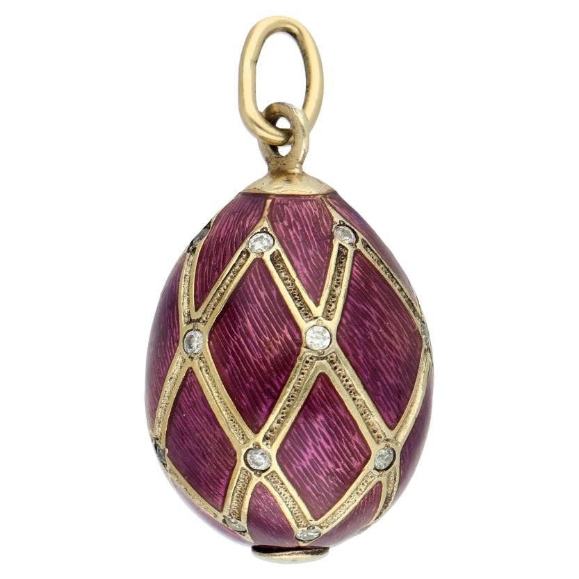 Purple Enameled Guilloche and Gold Egg Pendant with Zirconia