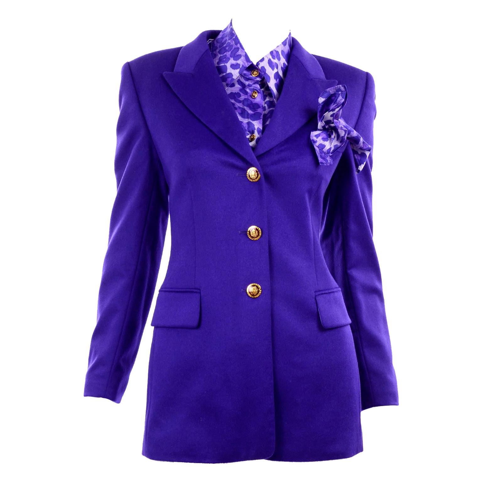 Purple Escada Rabbit Fur Blazer & Animal Print Silk Blouse & Pocket Square 