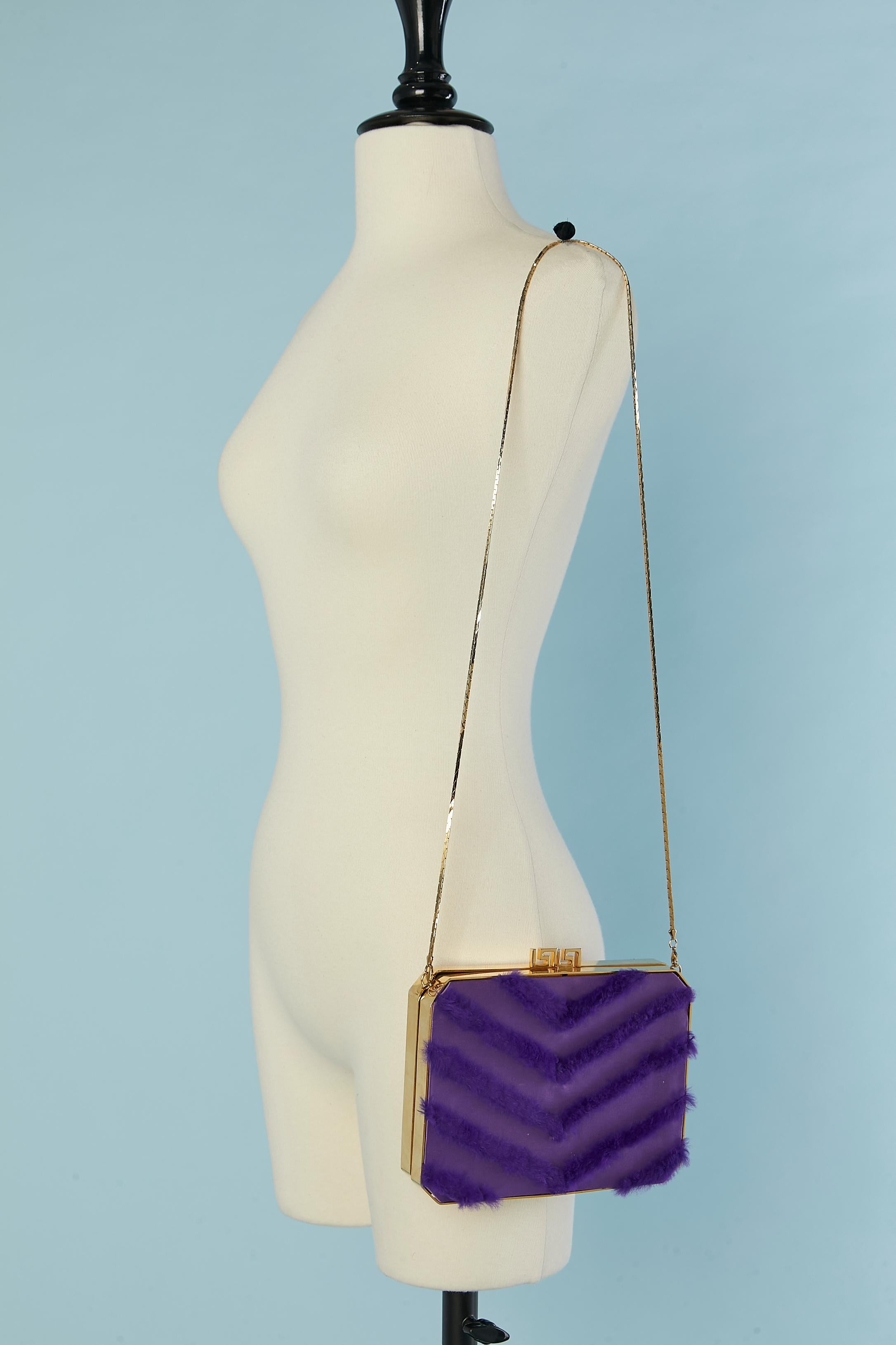 Purple fabric and fur evening bag with gold metal hardware Versace For Sale 2
