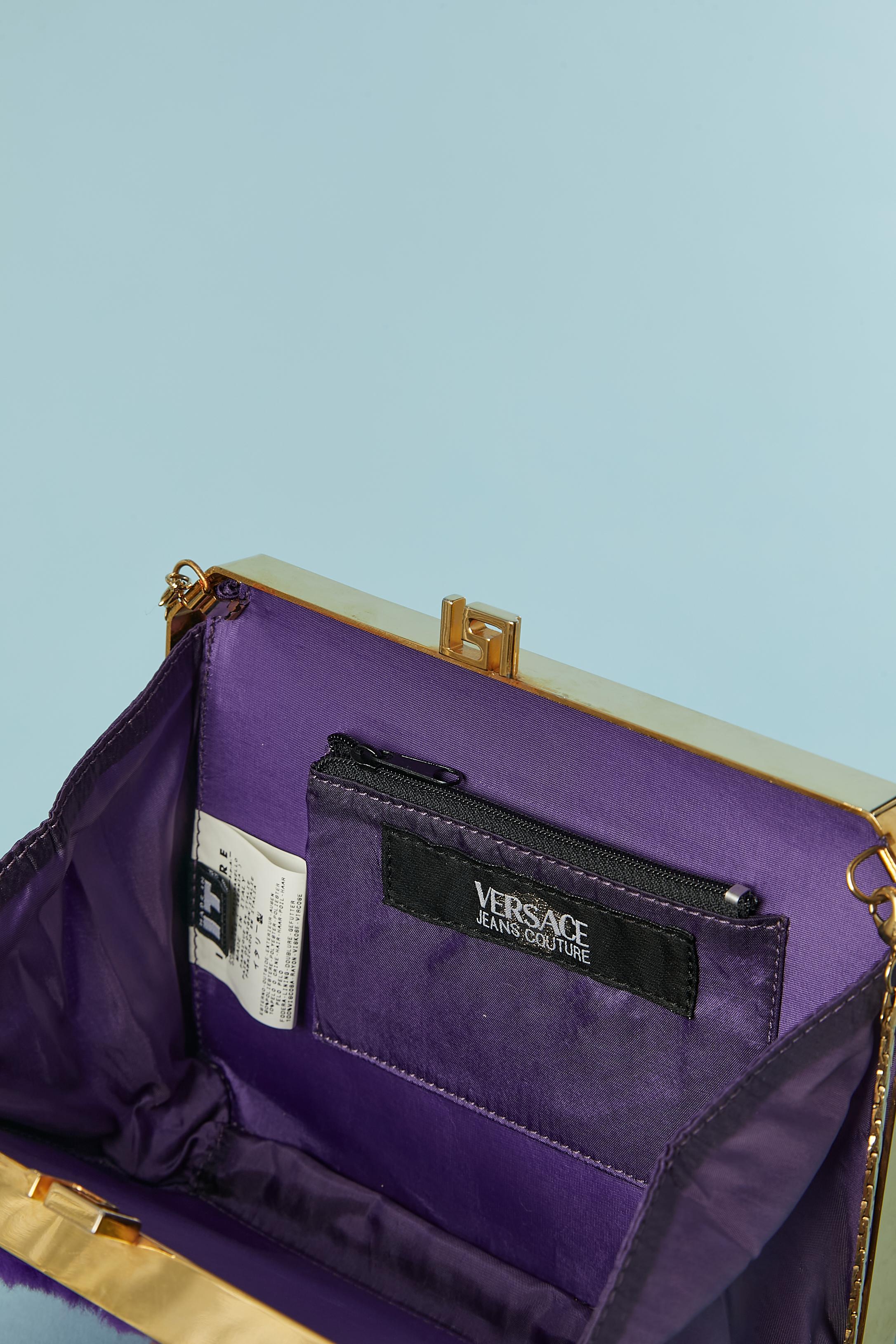 Purple fabric and fur evening bag with gold metal hardware Versace For Sale 3