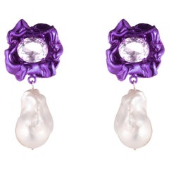 Purple Floral Earrings with Baroque Freshwater Pearl and Faceted Oval Crystal