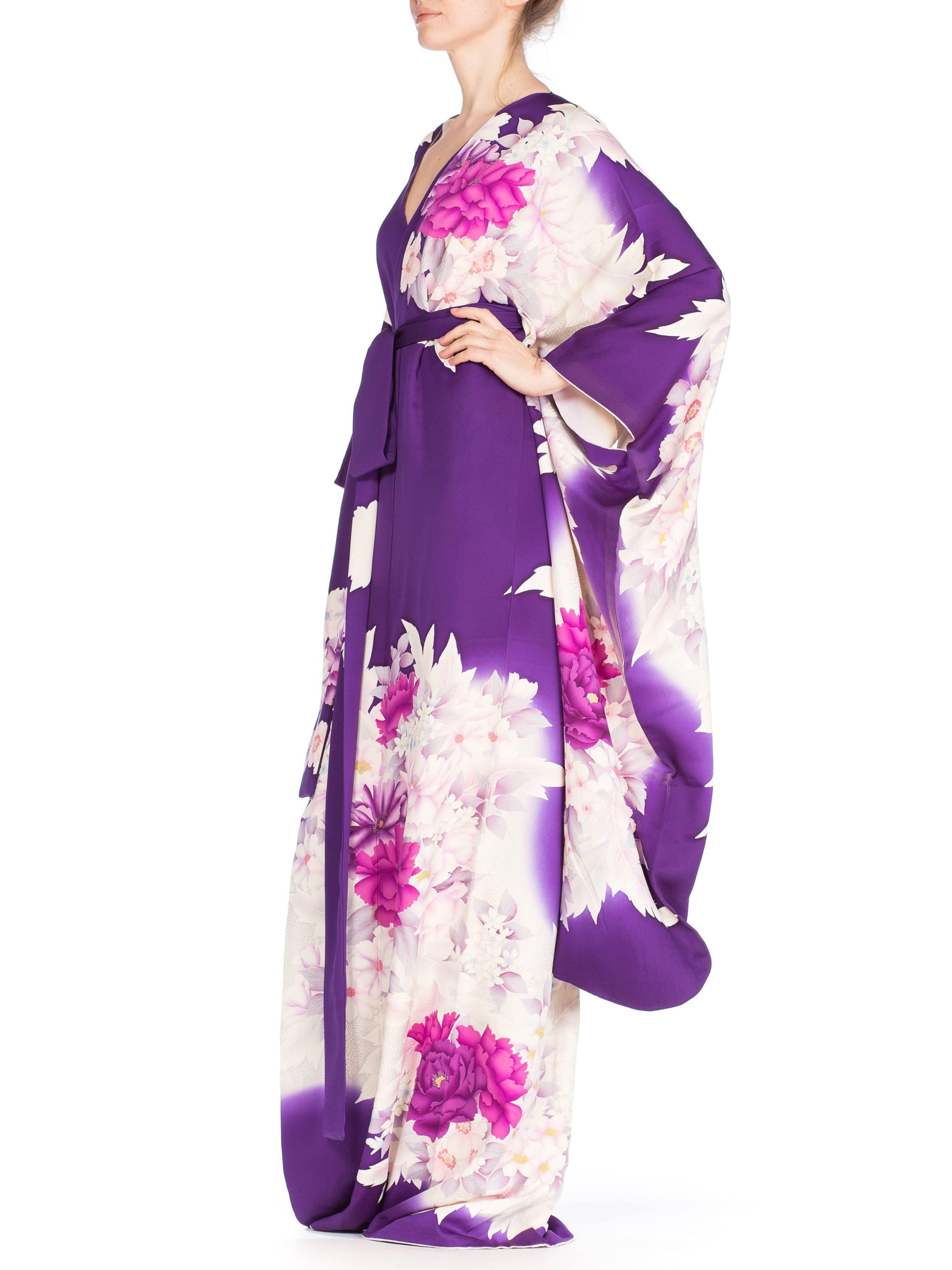 Purple Floral Silk Japanese Kimono Dress 2
