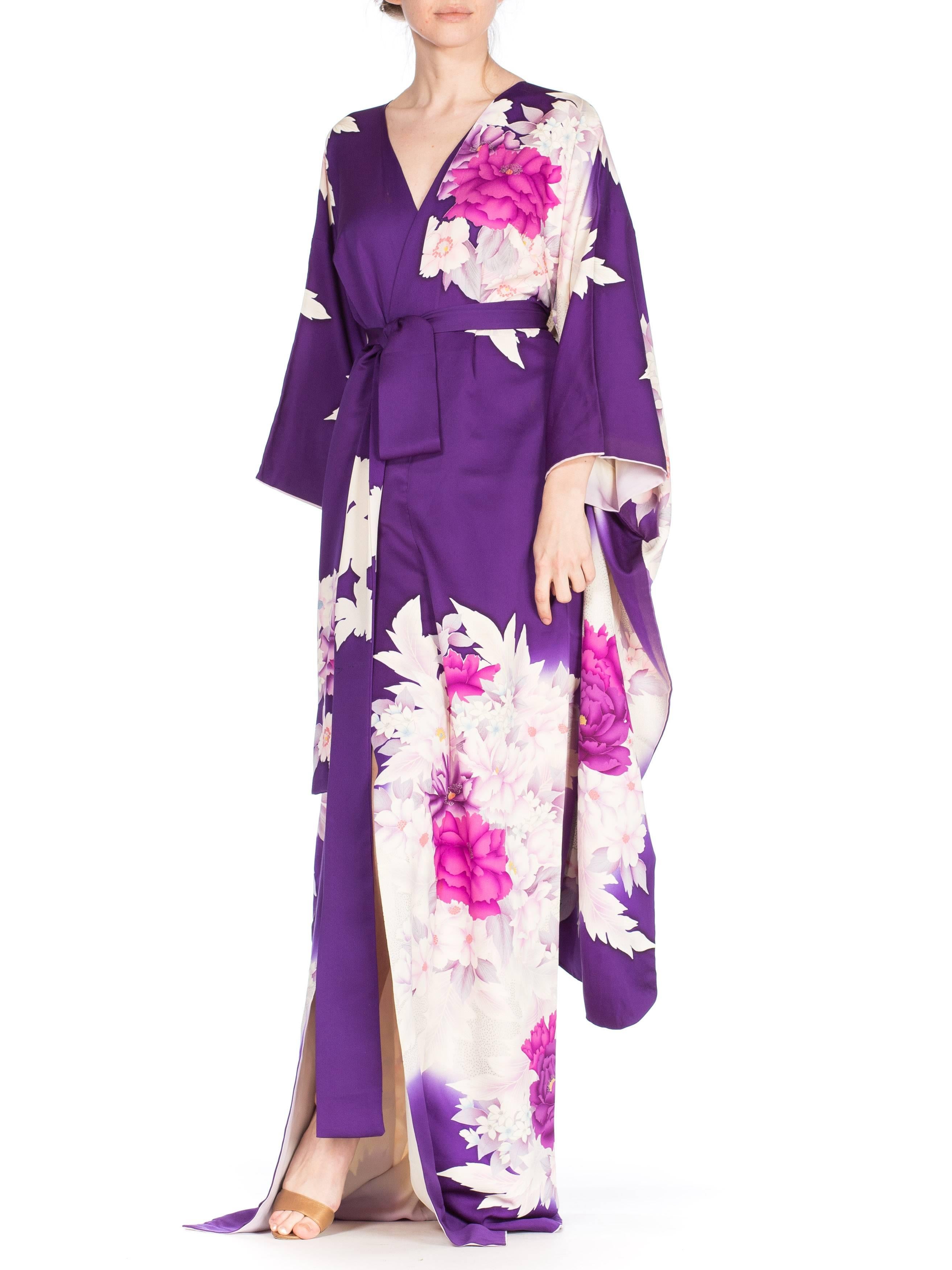 Purple Floral Silk Japanese Kimono Dress 3