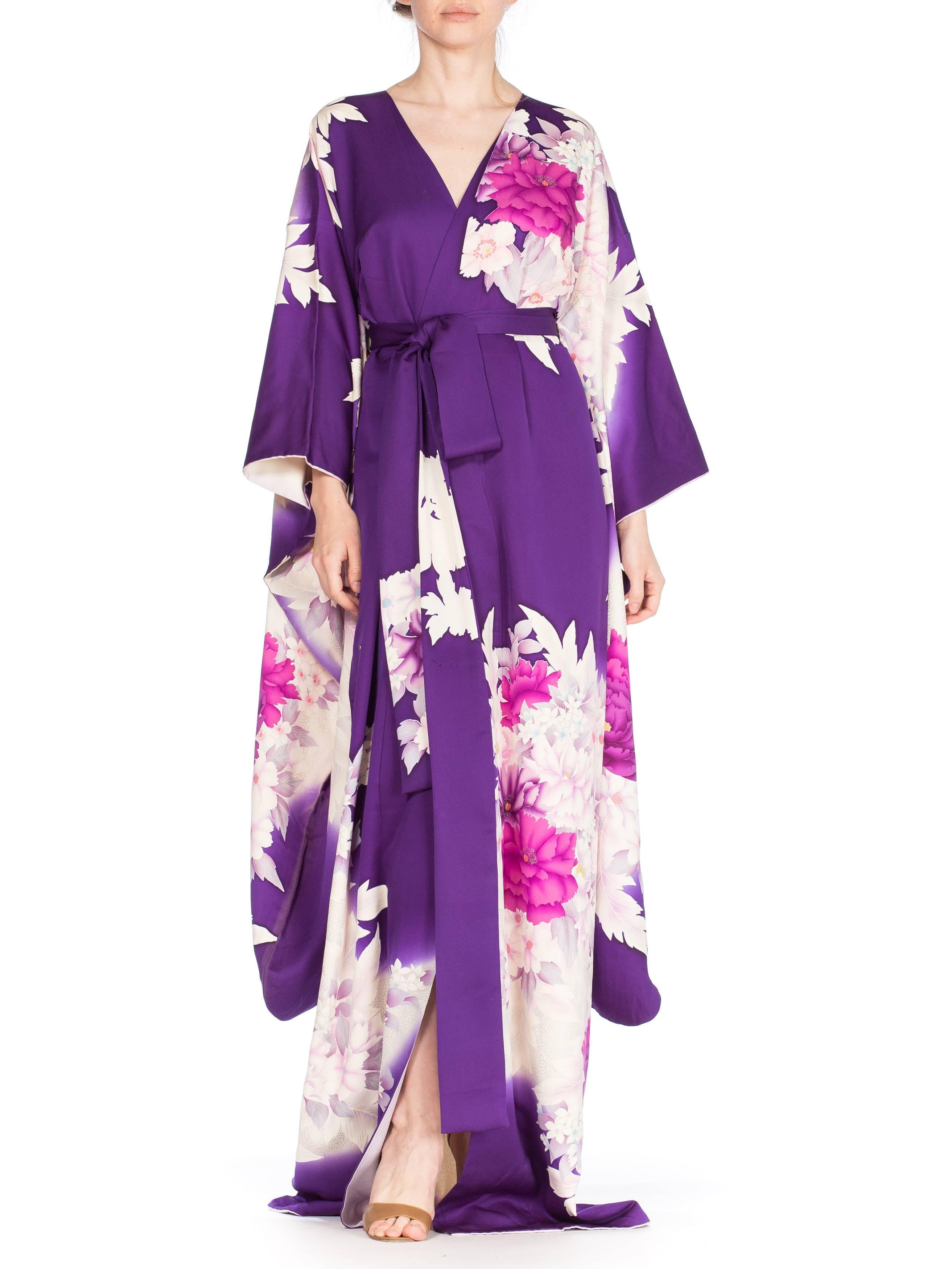 Purple Floral Silk Japanese Kimono Dress 4