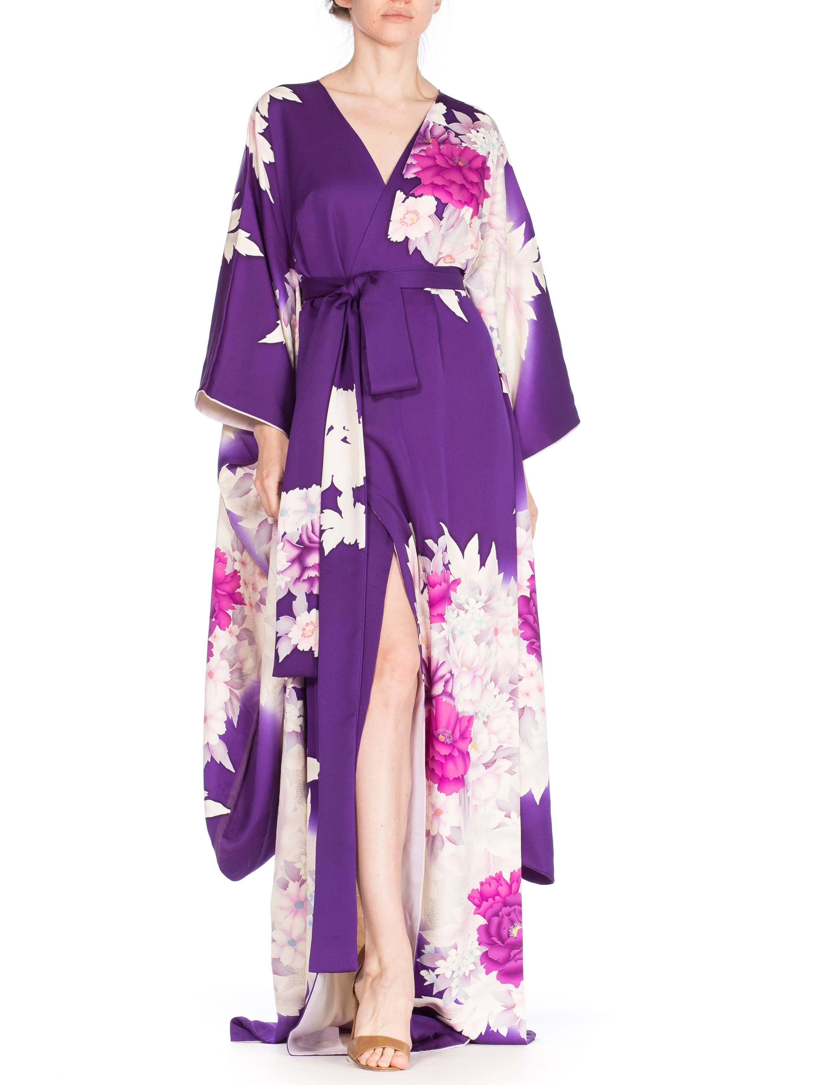 This kimono has been altered to be wearable as a dress. The front fits like a wrap dress with some darts in the front to give it a streamlined fit. There is a matching sash with a fitted elastic waistband inside the back of the kimono which keeps