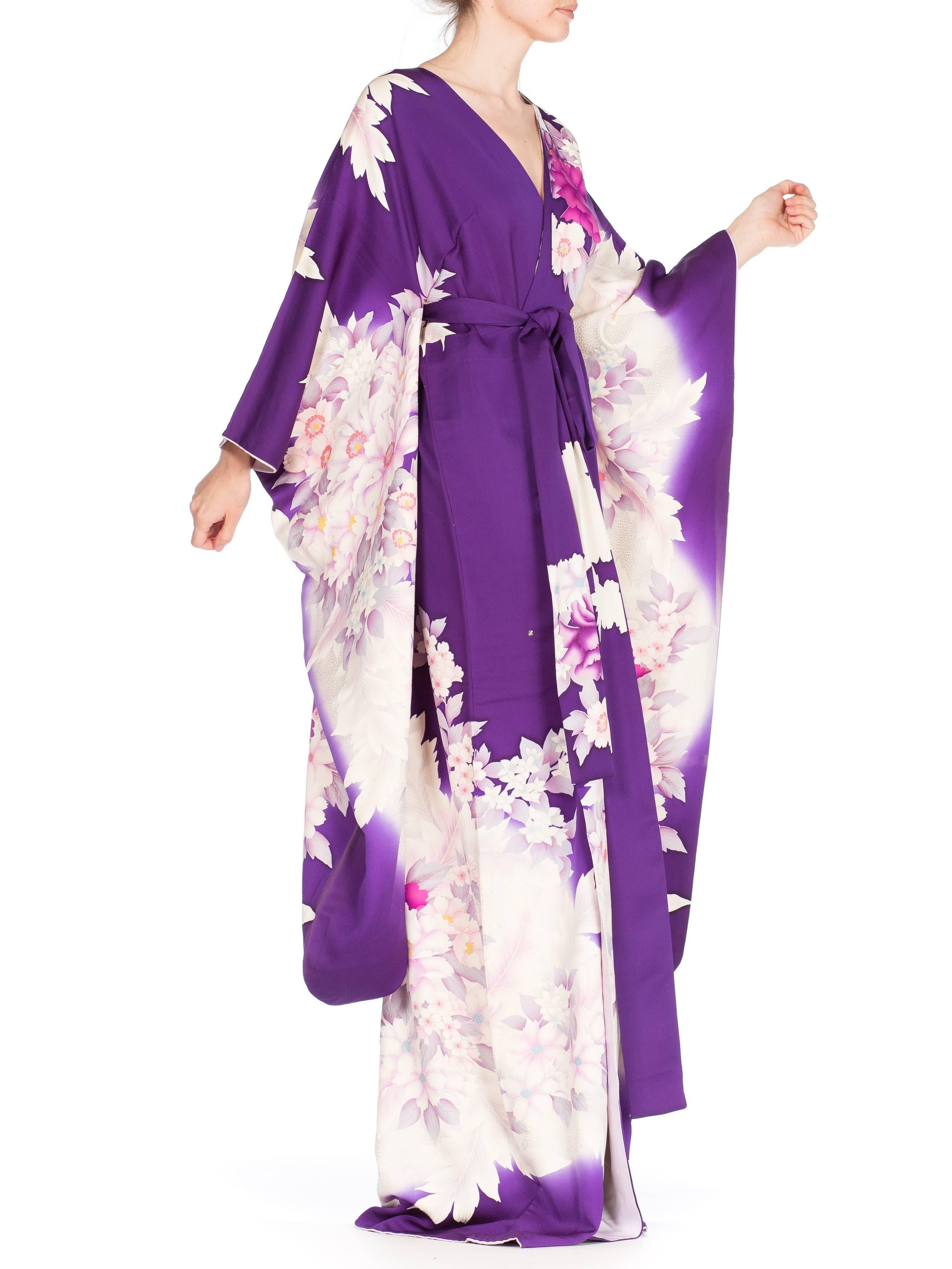 Gray Purple Floral Silk Japanese Kimono Dress