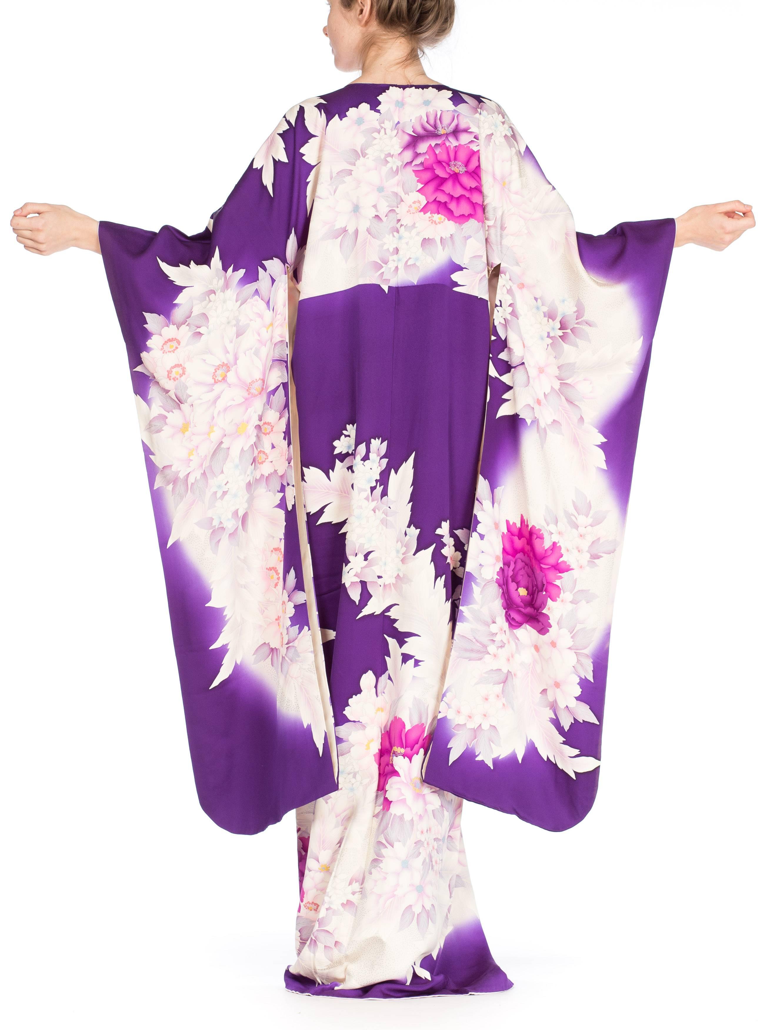 Women's Purple Floral Silk Japanese Kimono Dress