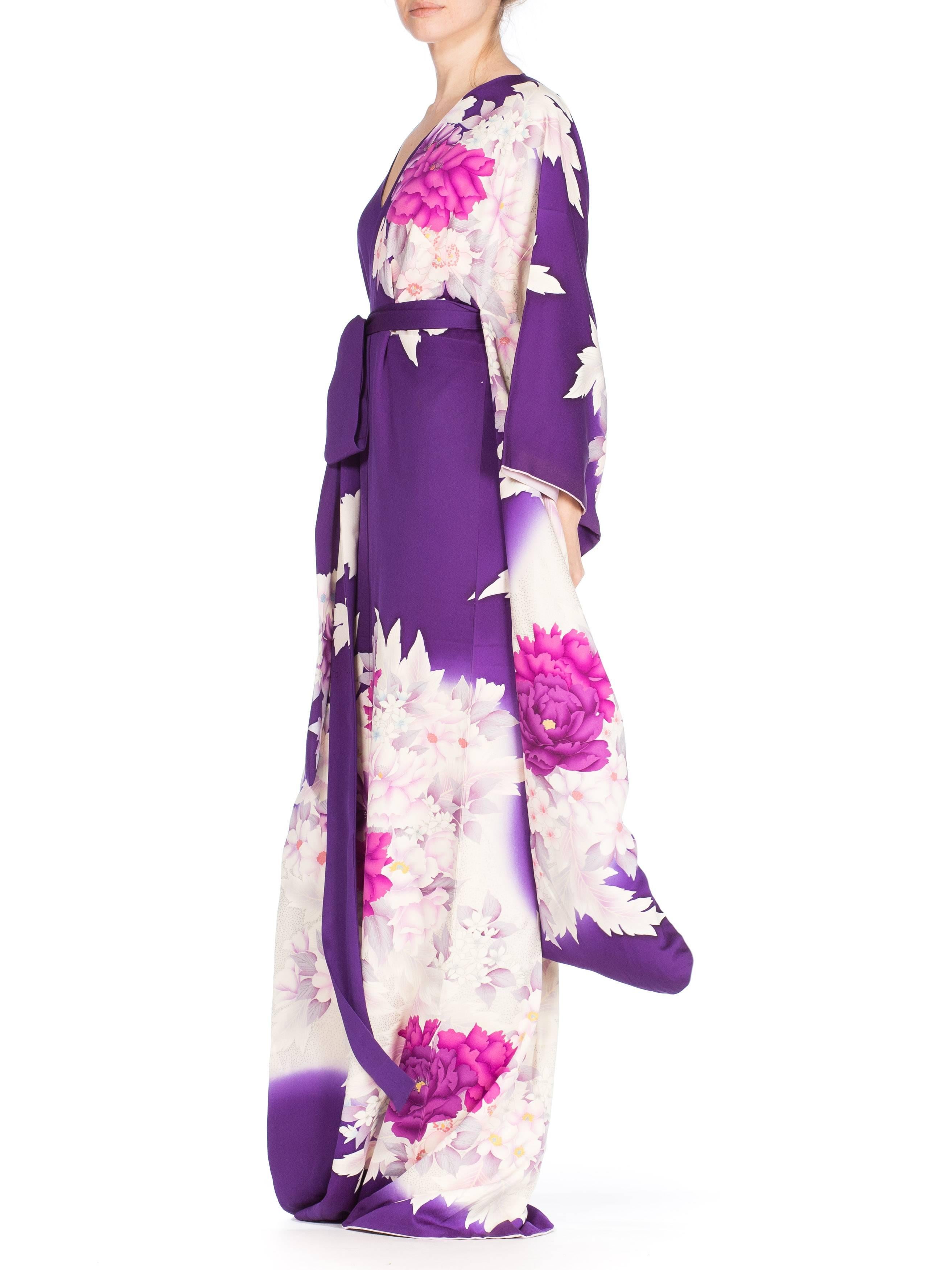Purple Floral Silk Japanese Kimono Dress 1