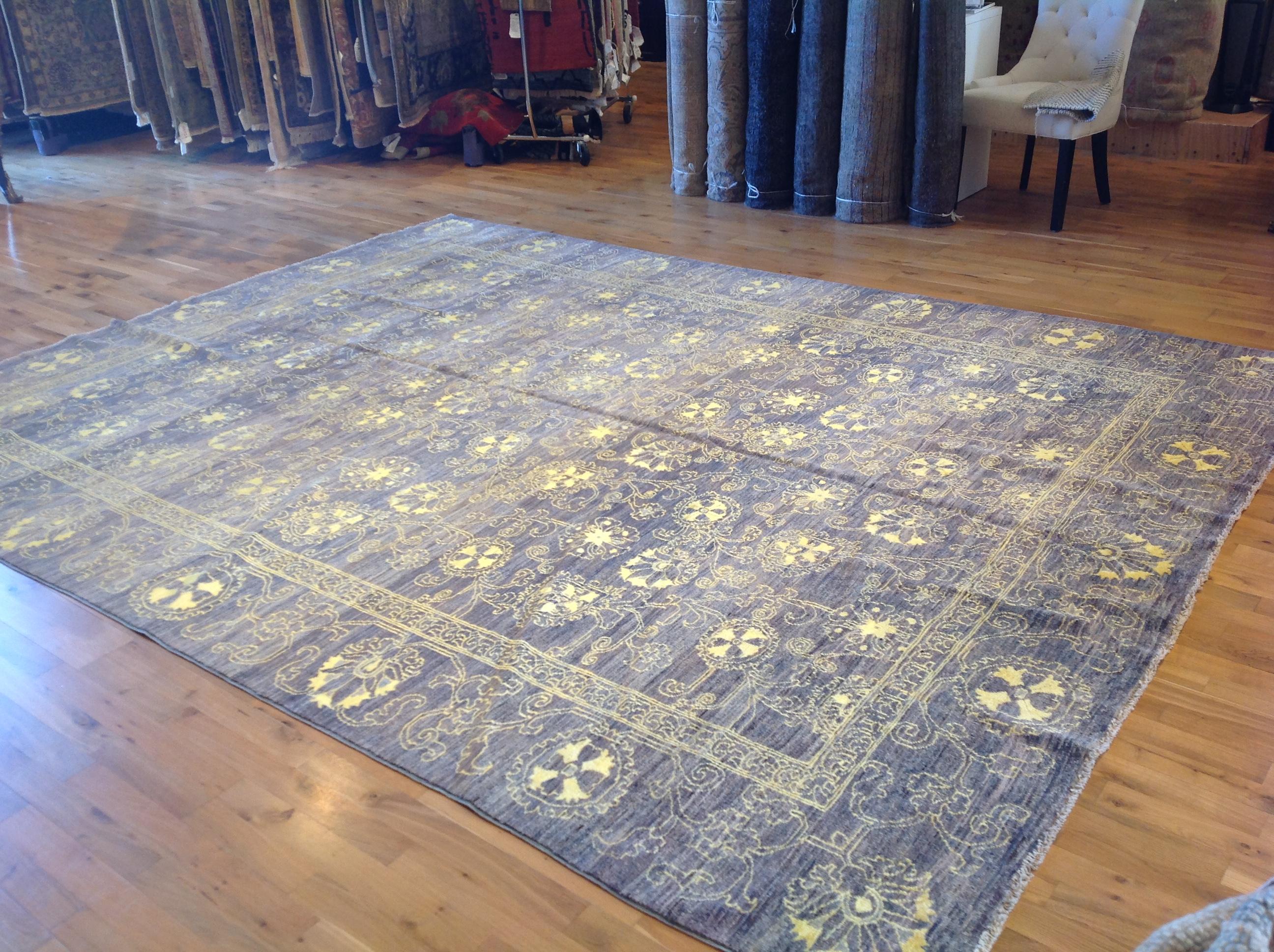 Hand-Knotted Purple Floral Stencil Design Wool and Silk Area Rug For Sale