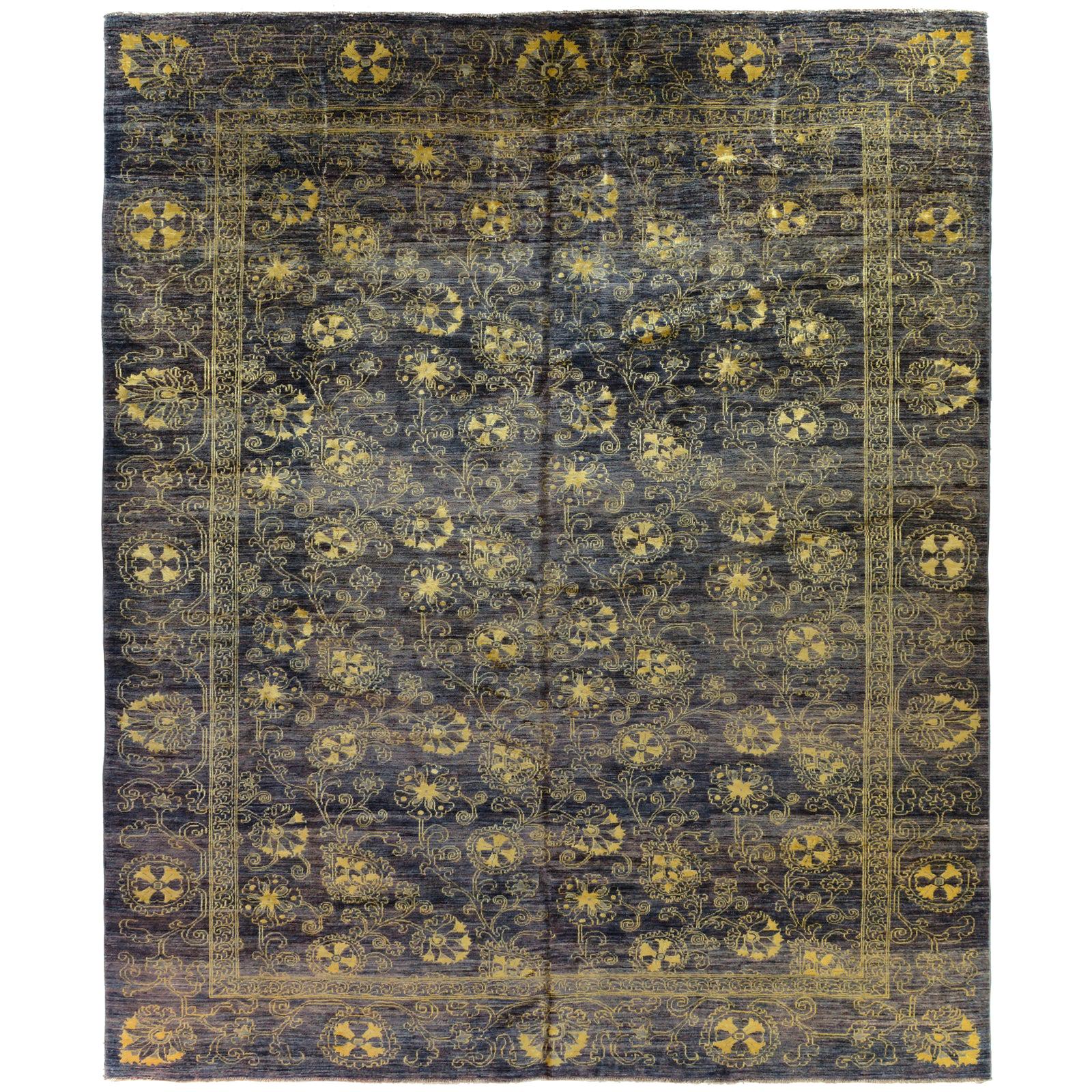 Purple Floral Stencil Design Wool and Silk Area Rug For Sale