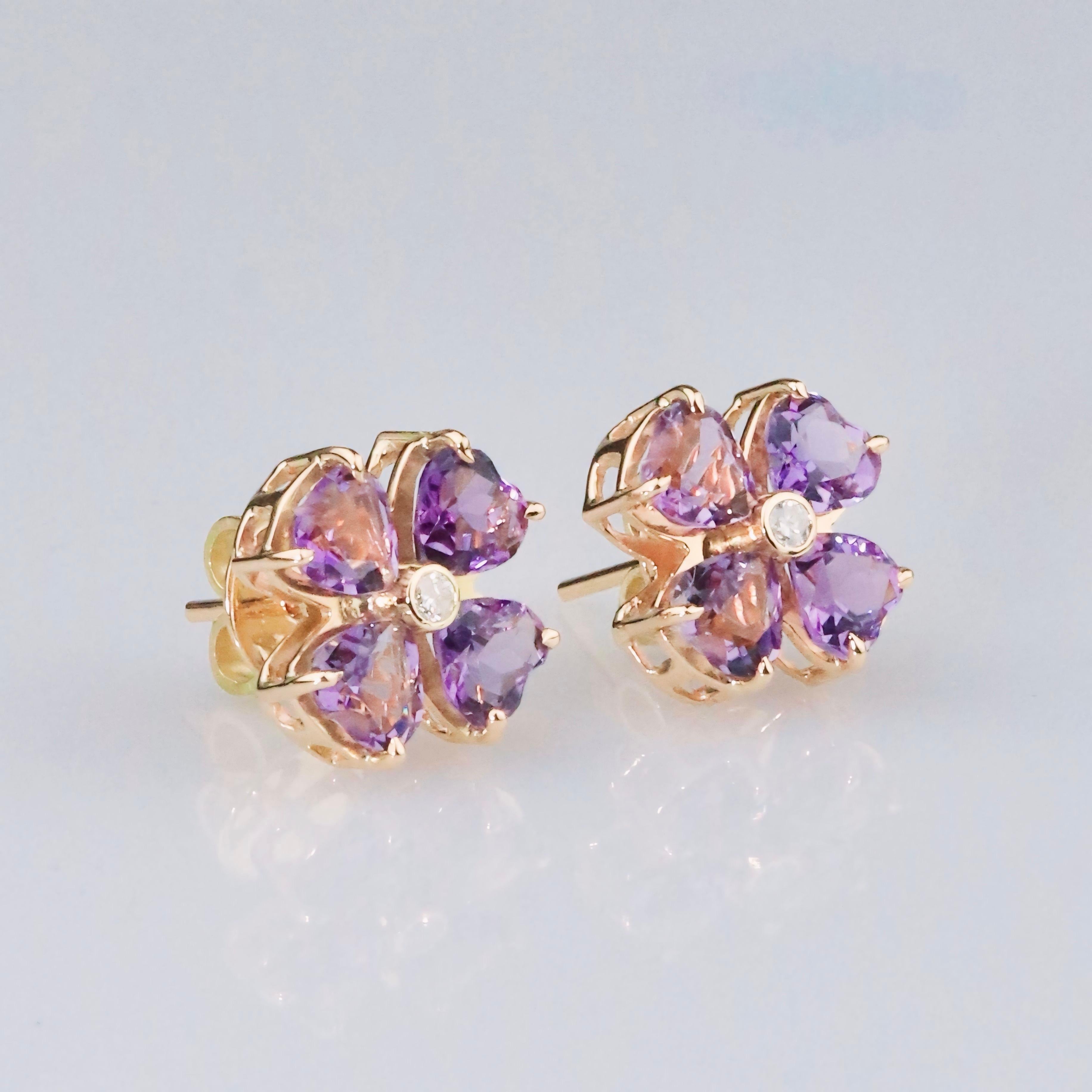 18K Solid Yellow Gold

Natural Amethyst Gemstones: Rose D’France color, Heart Shape, Size 5x5mm.

Natural Diamonds: Round Cut, Size 2mm

The color gemstones are from Brazil

Earrings: Flower Shape

Experience the enchanting beauty of the Botanical