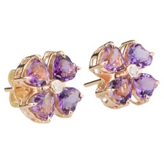 Purple Flower Earrings & Diamond - 18K Solid Gold
