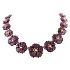 Purple Flower, Tsavorite, Pearls, Rose Gold and Silver Vintage Flowery Necklace