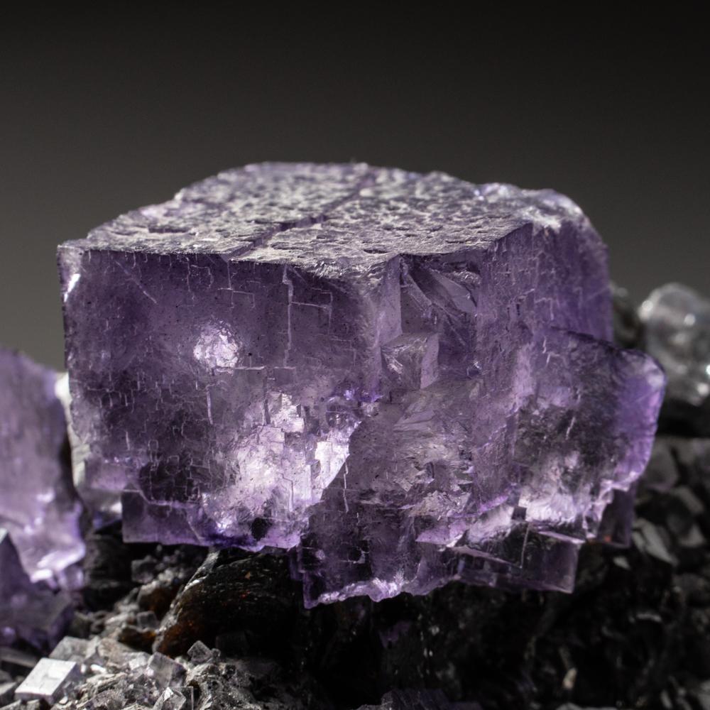 Cristaux de fluorine pourpre sur sphalérite provenant de la mine Elmwoods, Carthage, Smith County en vente 2