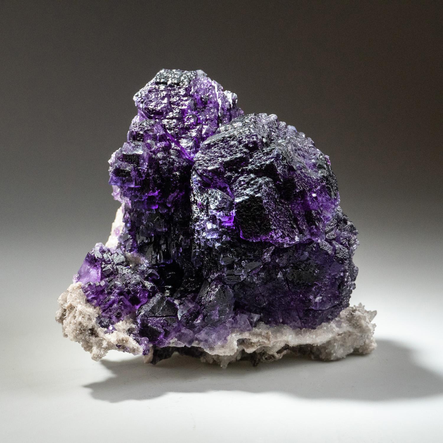 From Minggang Mine, Henan Province, China Translucent cubic purple fluorite crystals overgrown on a bed of metallic luster sphalerite crystals. on matrix. The fluorite has rich purple zoning outlining the crystal faces. The combination of the