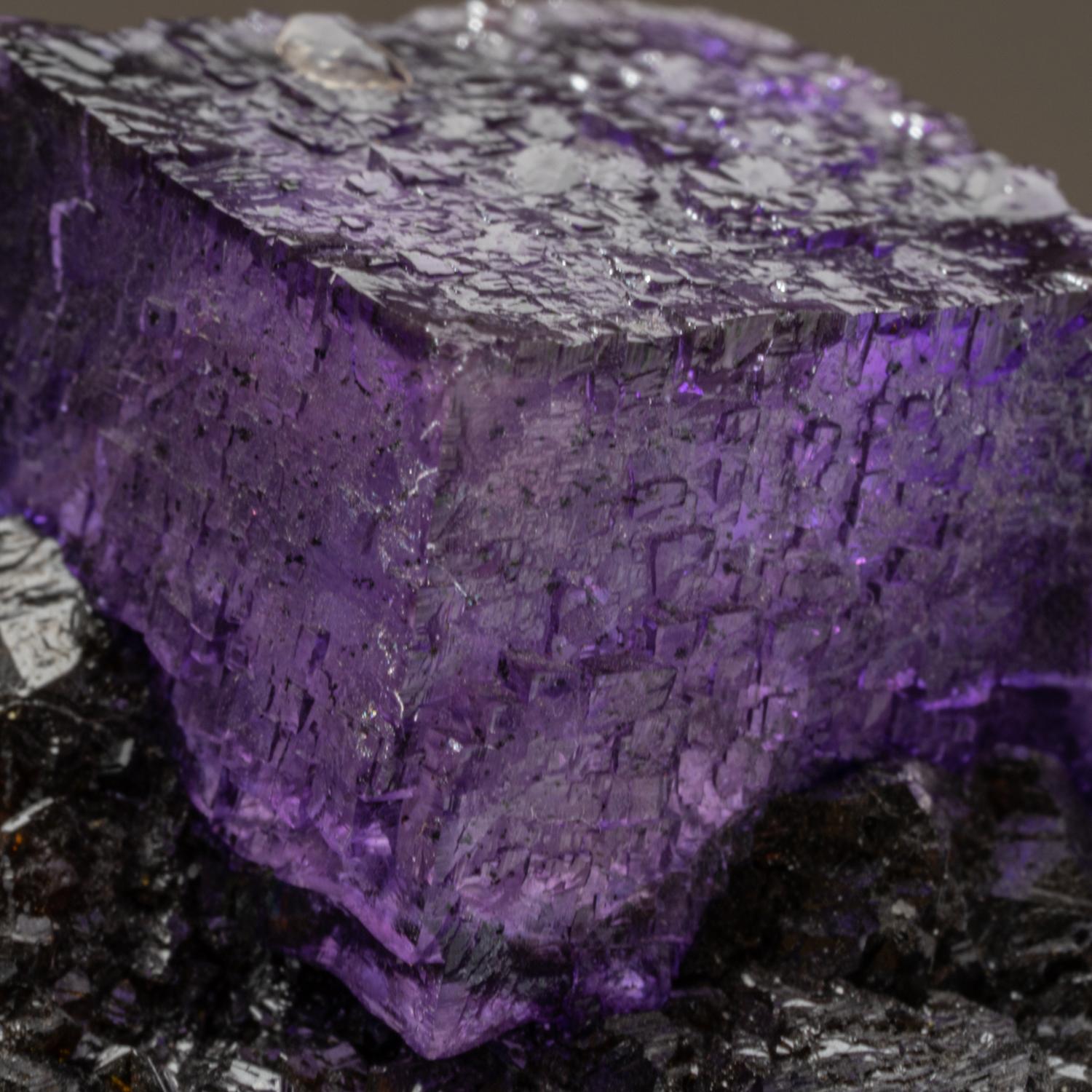 Aus dem Bezirk Caravia-Berbes, Asturien, Spanien

Mehrere durchsichtige, violette, kubische Fluoritkristalle mit Sphalerit, die auf cremefarbenem Schnee-Baryt überwachsen sind. Der Fluorit ist vollständig kristallisiert, mit einem edeltransparenten
