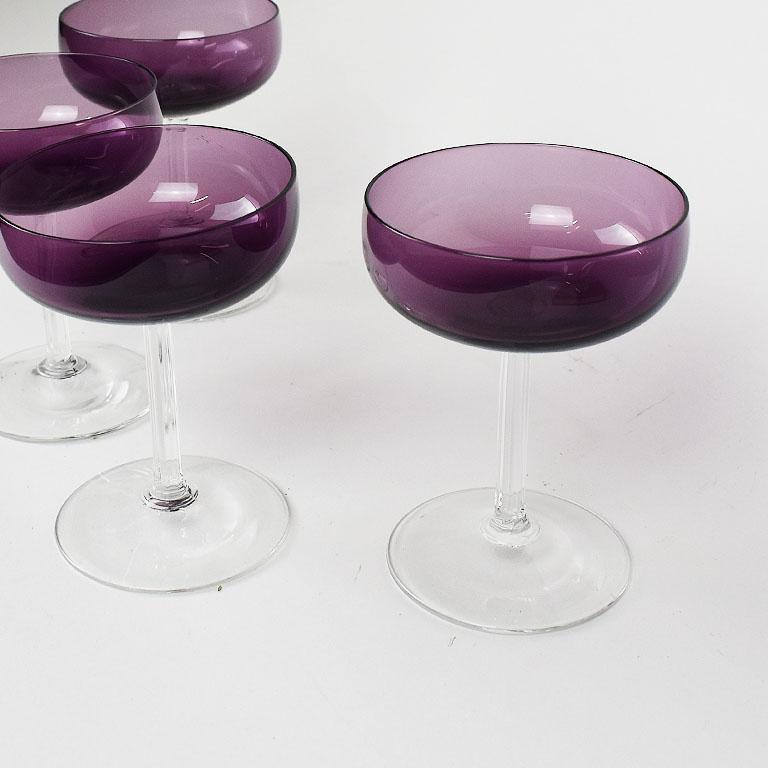 Mid-Century Modern Purple Fostoria Crystal Stemware Champagne Coup Glasses, Set of 4