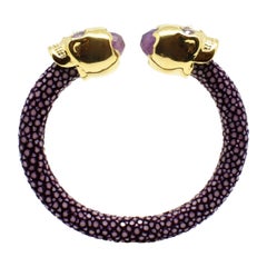 Purple Galuchat Skin Bangle Bracelet with Skull Gold-Plated & Natural Amethysts
