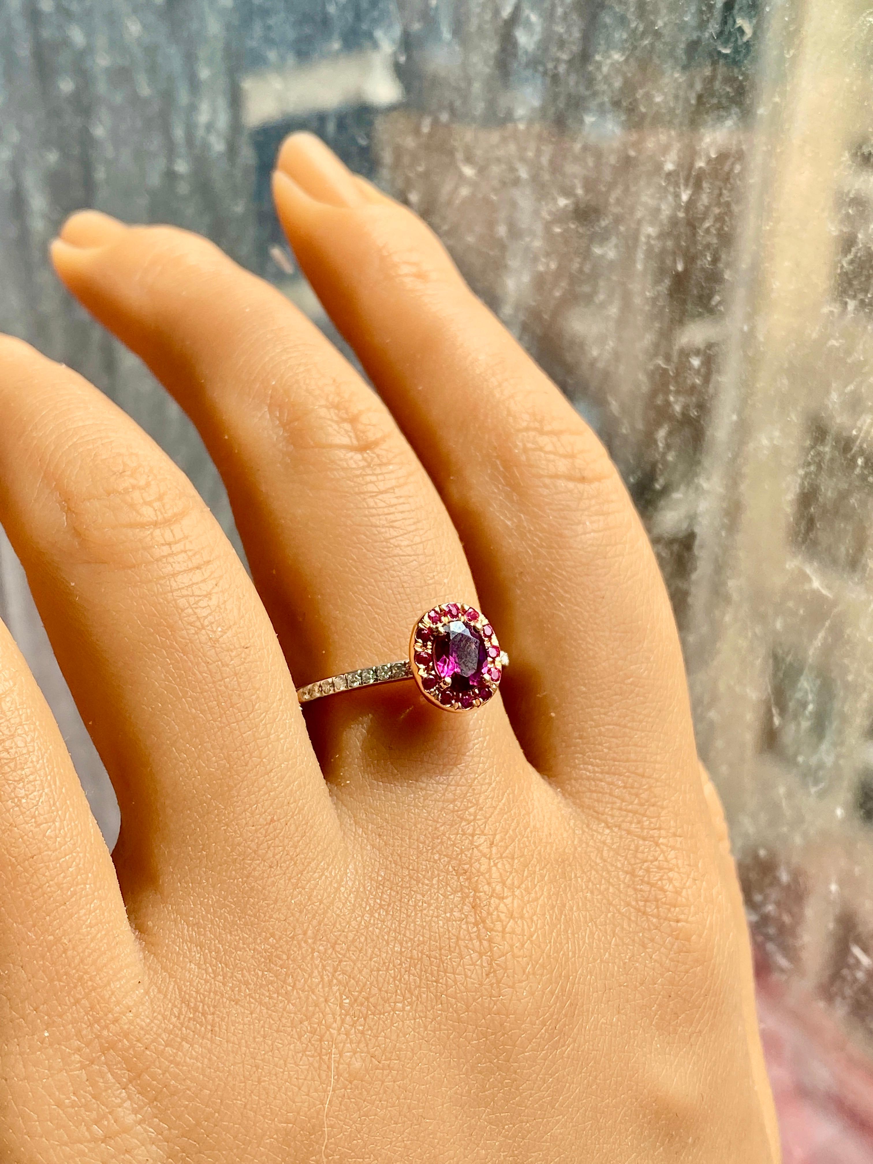 Oval Cut Purple Garnet and Diamond Solitaire Ring, Natural Gemstone Solitaire Ring Gold For Sale
