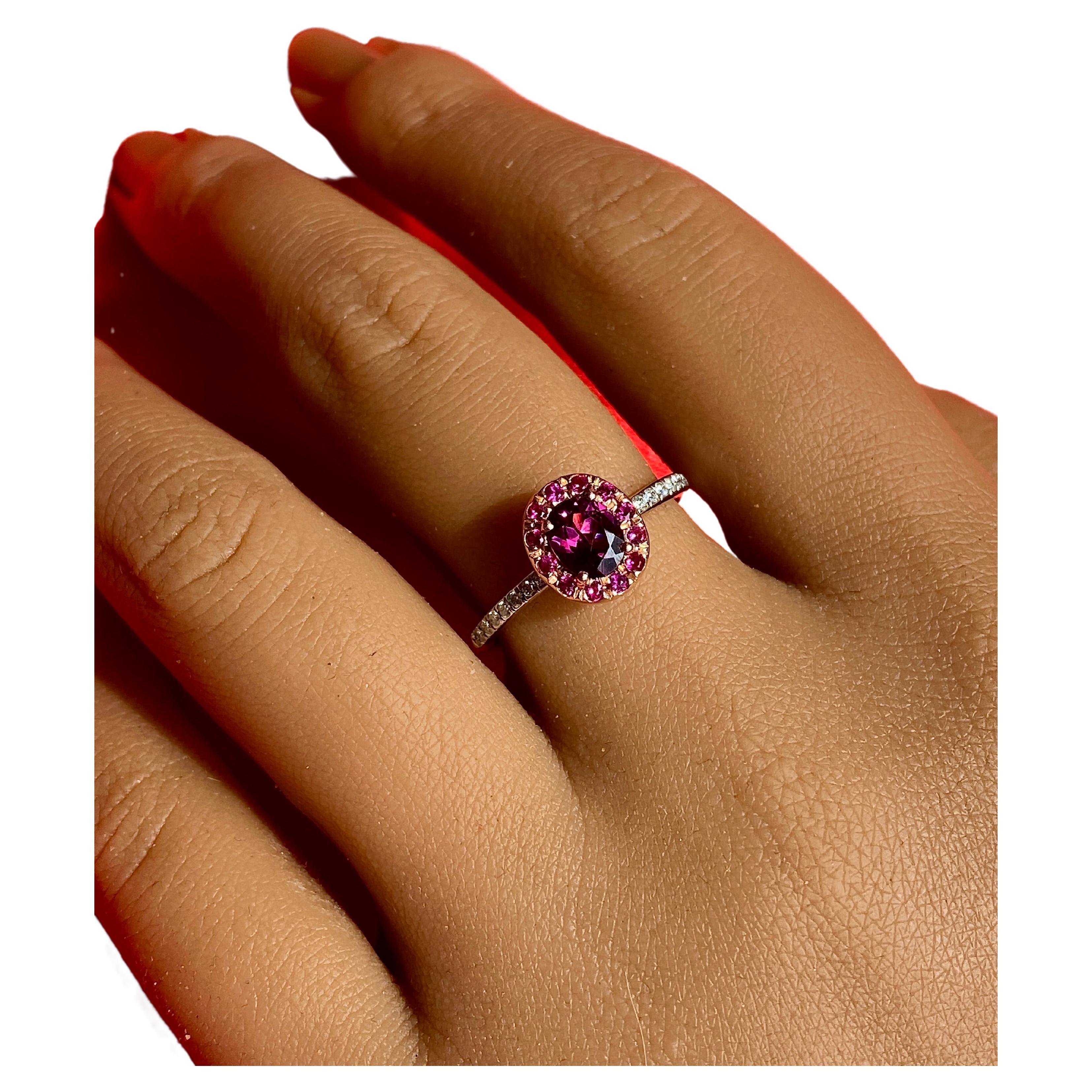Lila Granat und Diamant Solitär Ring, Natürlicher Edelstein Solitär Ring Gold