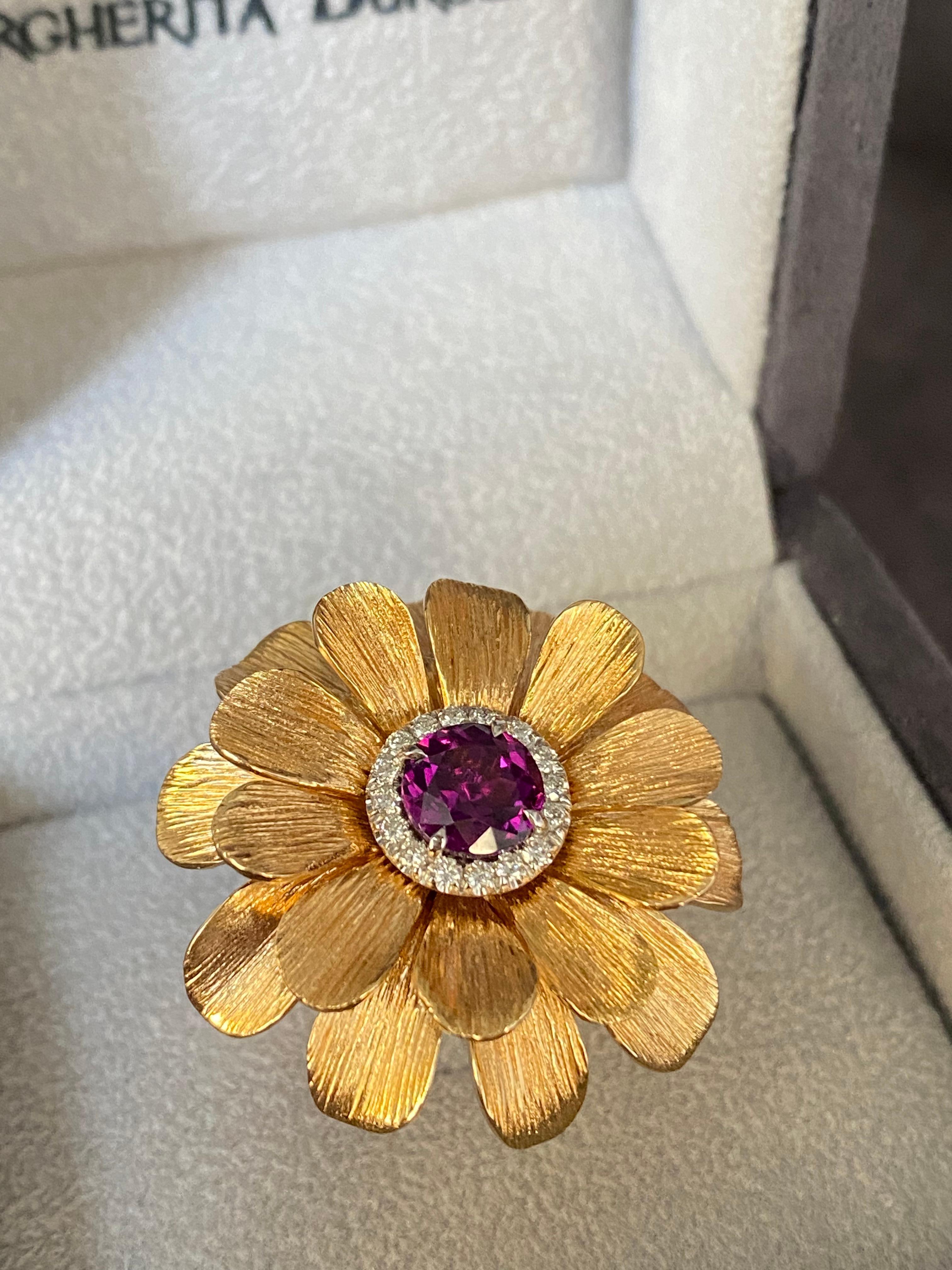 Women's Purple Garnet Diamond 18KT Rose Gold  Made in Italy Happy Flower Ring  For Sale