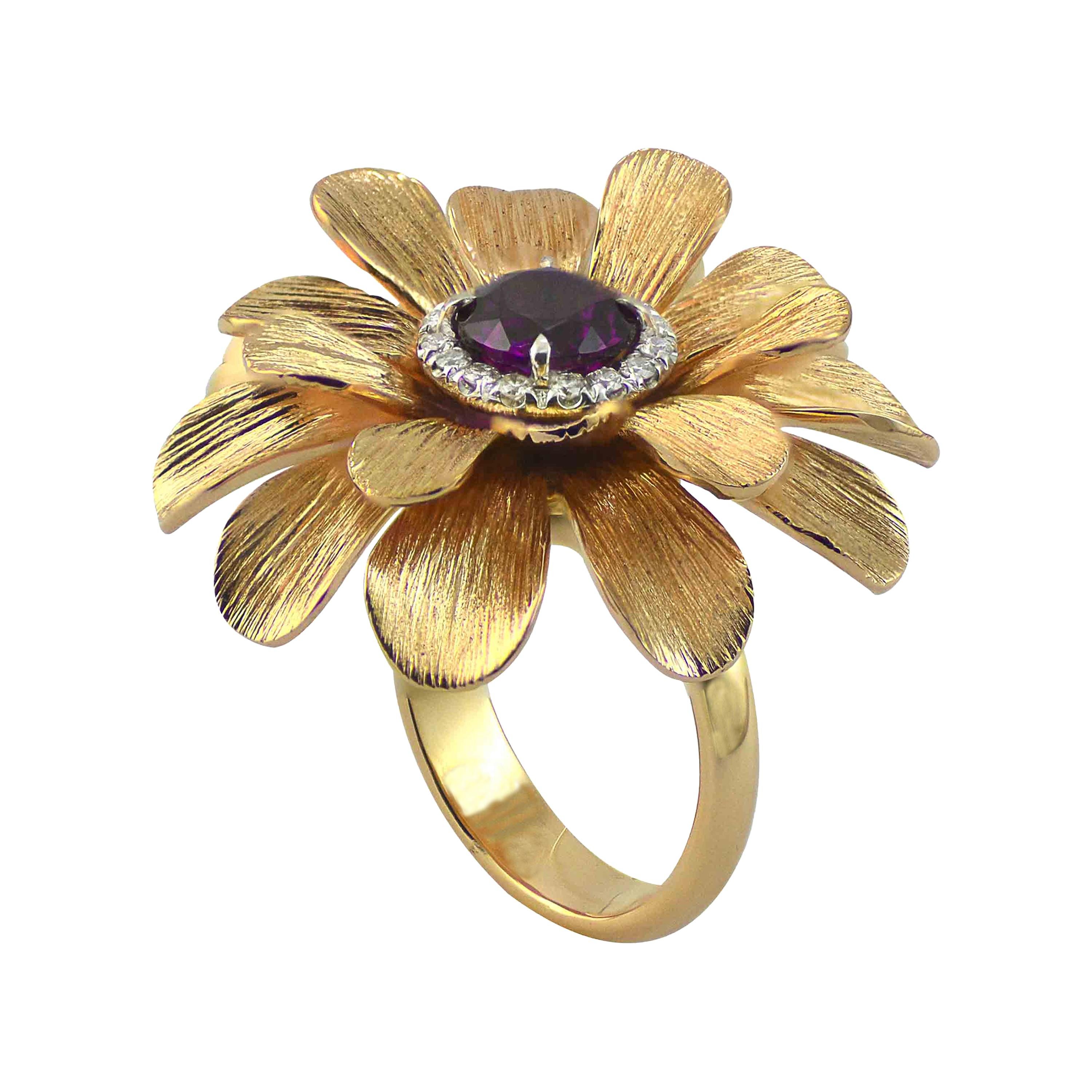 Purple Garnet Diamond 18KT Rose Gold  Made in Italy Happy Flower Ring  For Sale