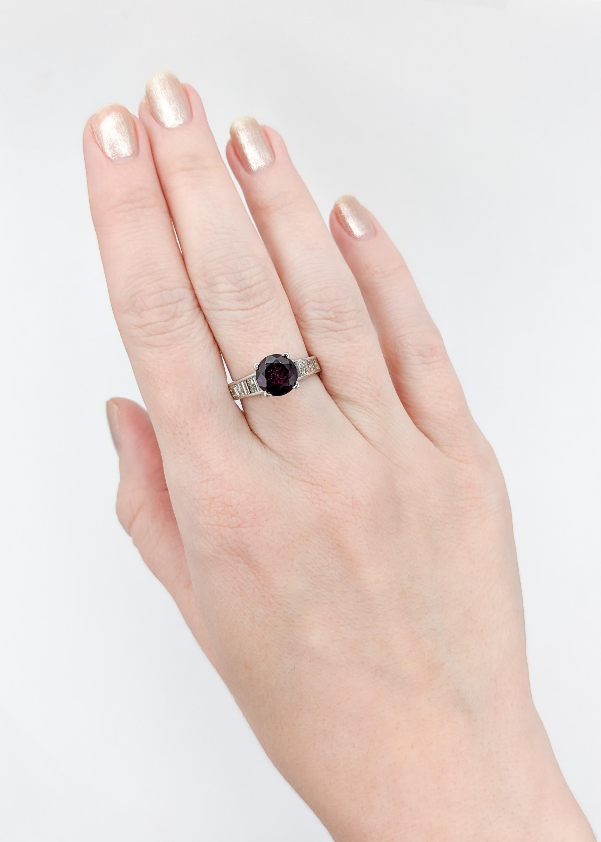 Contemporary Purple Garnet & Diamond Ring in White Gold For Sale