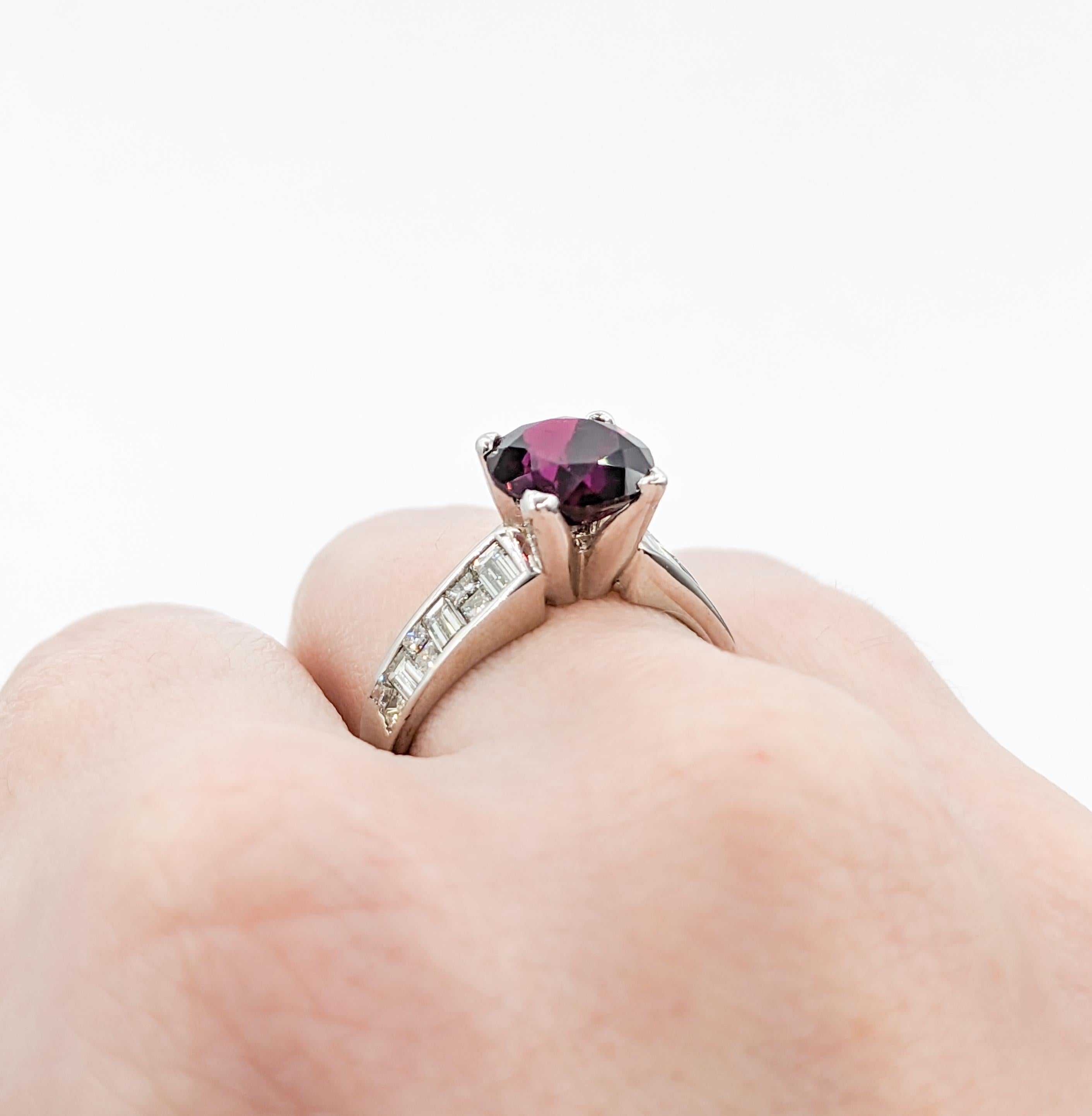 Round Cut Purple Garnet & Diamond Ring in White Gold For Sale