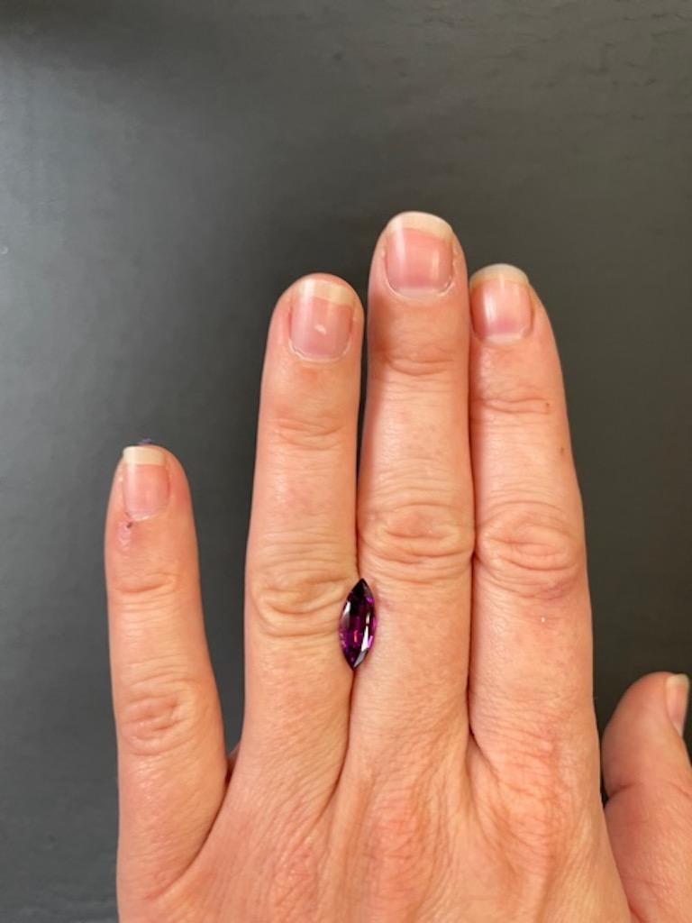 Splendid 1.90 carat Marquise Royal Purple Garnet gem, offered unmounted to a fine gemstone collector.
Dimensions: 13.50mm x 5.40mm x 3.70mm.
Returns are accepted and paid by us within 7 days of delivery.
We offer supreme custom jewelry work upon