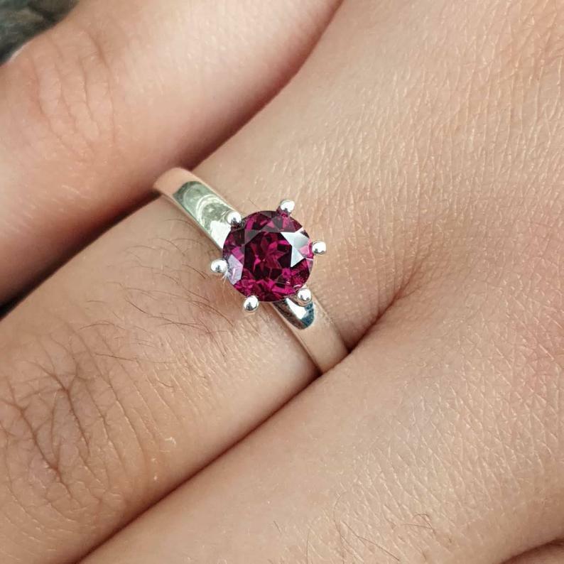 Purple Garnet Solitaire Ring Sterling Silver Ring For Wedding Birthday Gift. For Sale 1