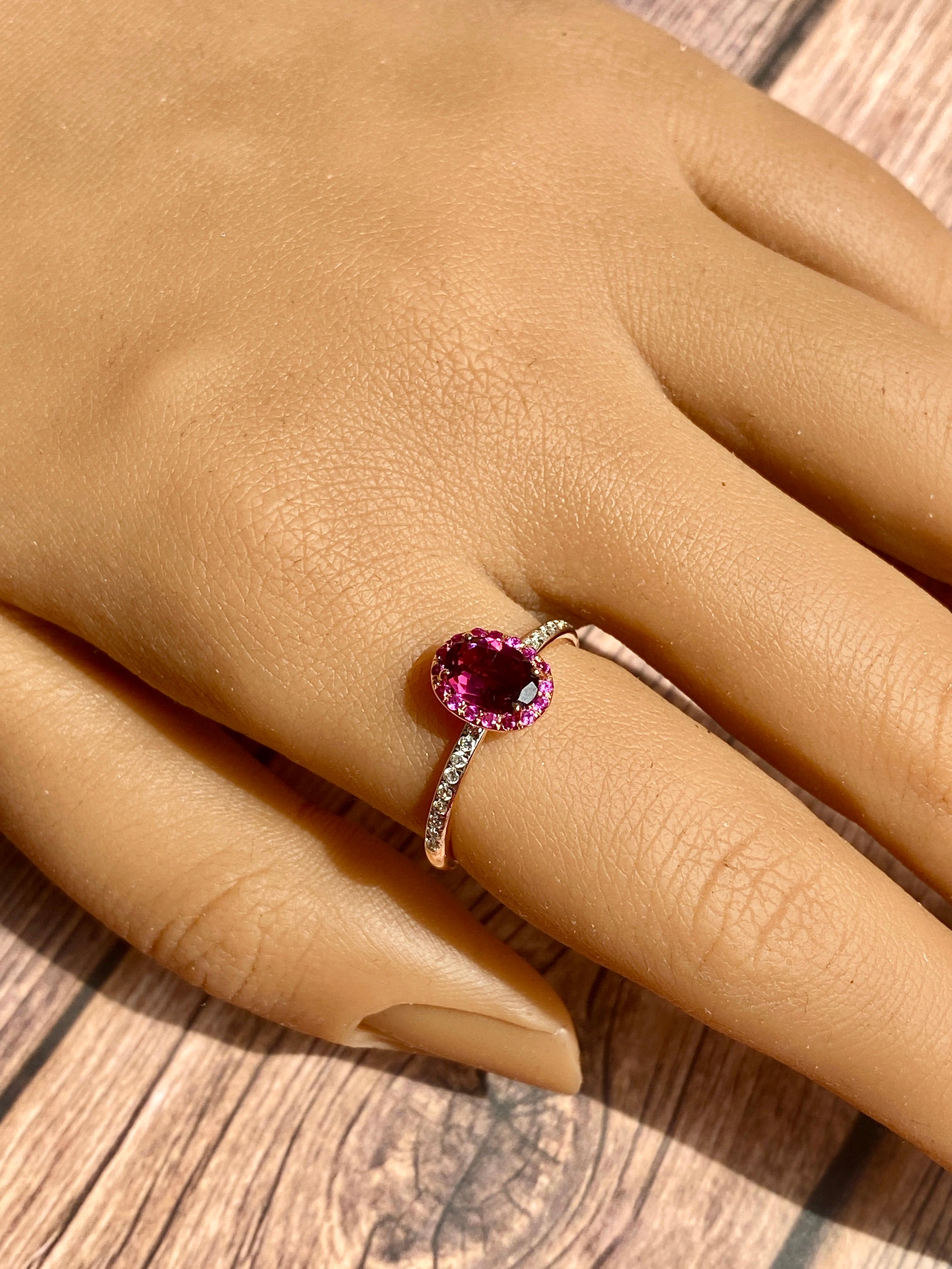 Oval Cut Purple Garnet Solitaire Ring with Natural Round Diamonds Made in 14k Rose Gold For Sale