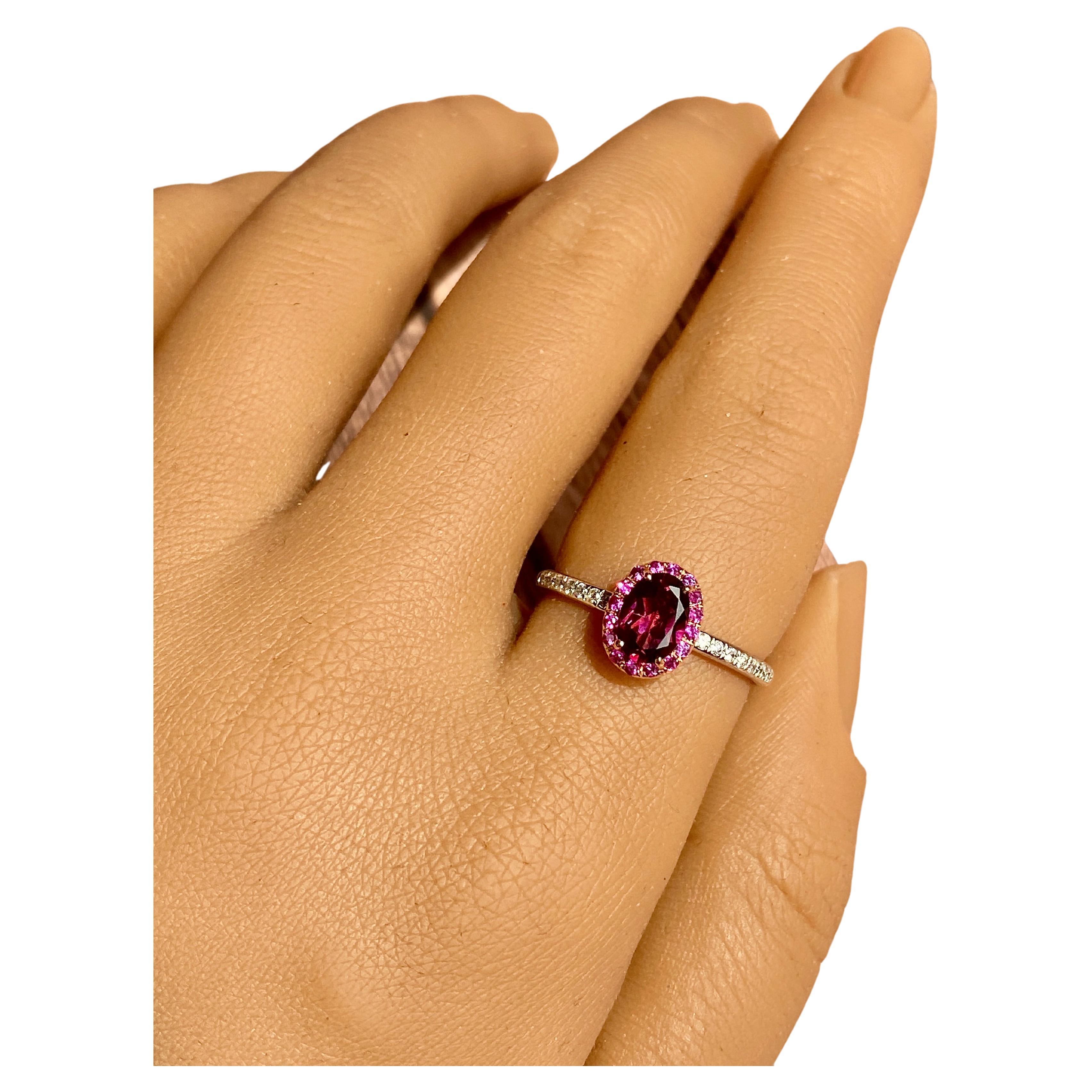 Purple Garnet Solitaire Ring with Natural Round Diamonds Made in 14k Rose Gold For Sale