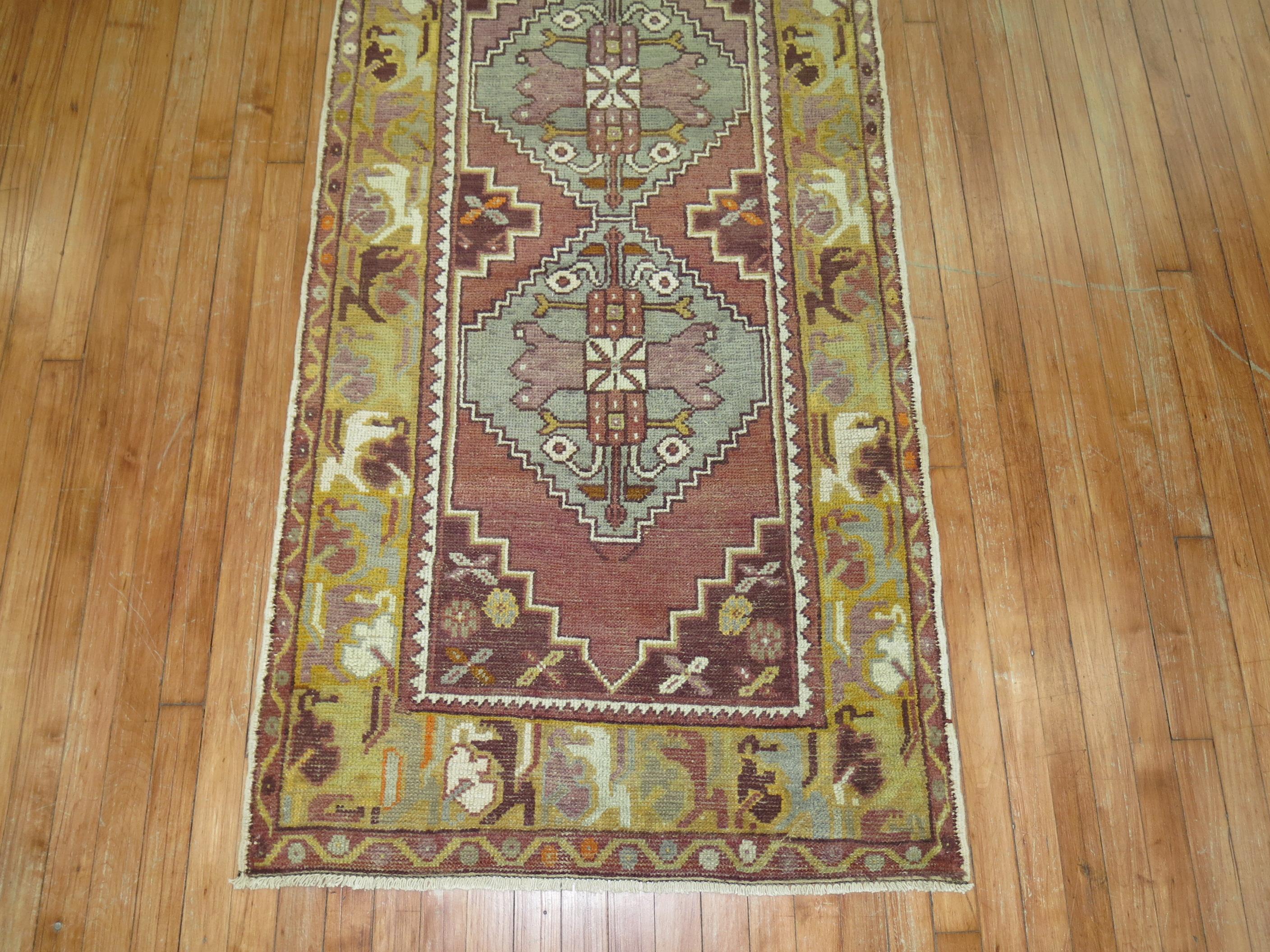 Purple Geometric 20th Century Wool Turkish Runner In Good Condition For Sale In New York, NY
