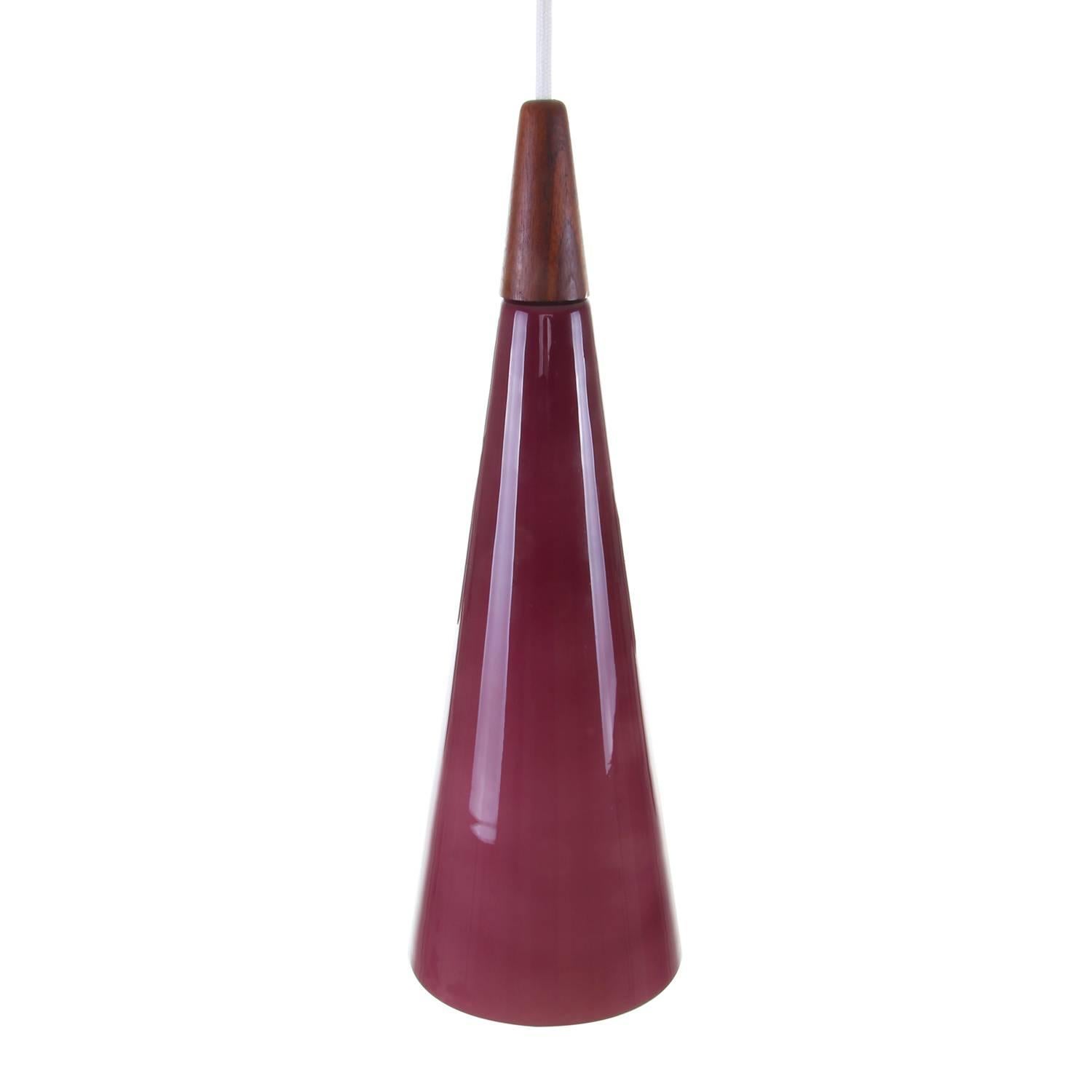 Late 20th Century Purple Glass Pendant Light with Teak Top, 1970s Scandinavian Modern Hanging Lamp For Sale