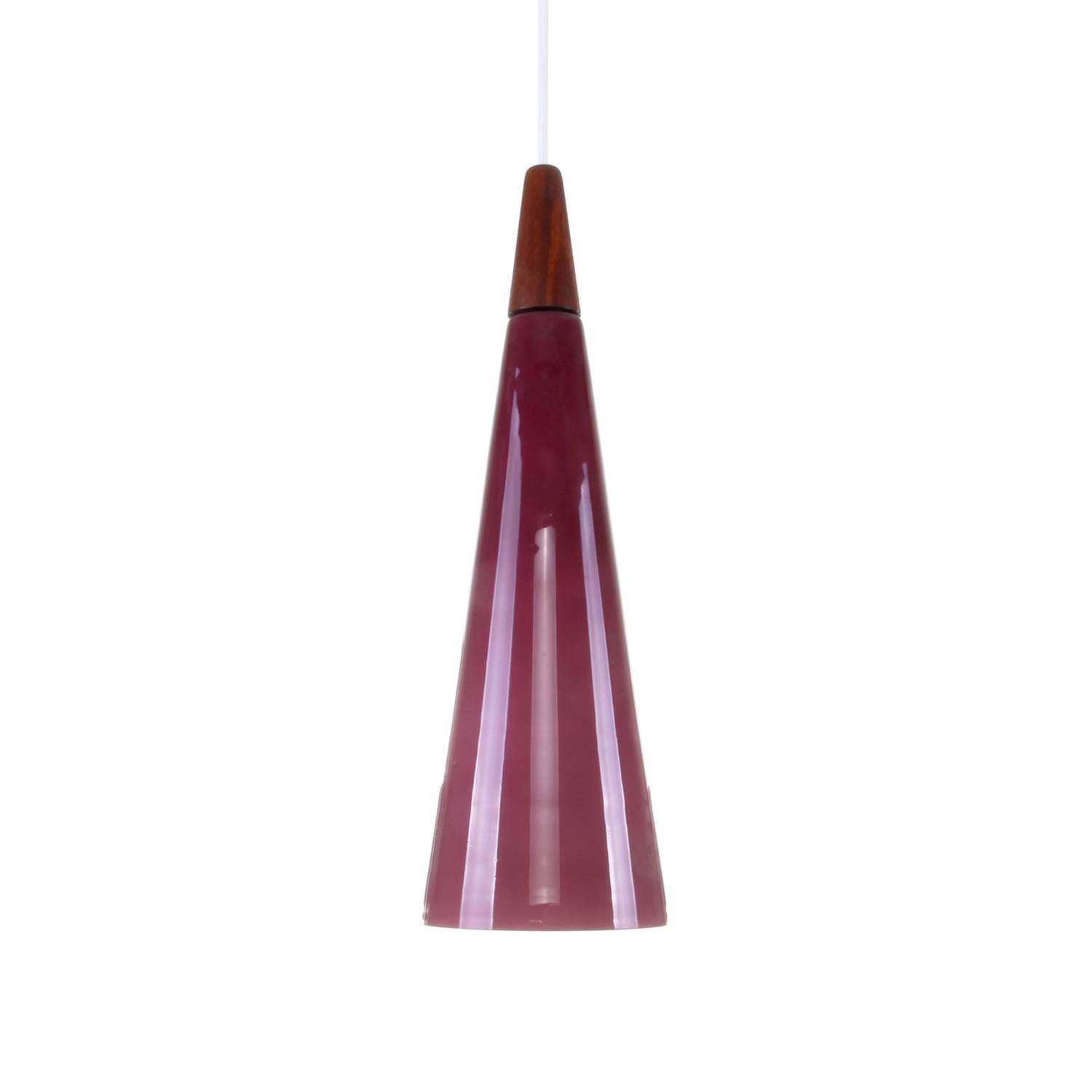 Purple Glass Pendant Light with Teak Top, 1970s Scandinavian Modern Hanging Lamp For Sale