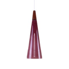 Vintage Purple Glass Pendant Light with Teak Top, 1970s Scandinavian Modern Hanging Lamp
