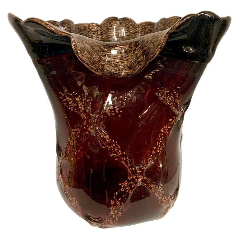 Purple and Gold Art Glass Centerpiece Vase For Sale at 1stDibs