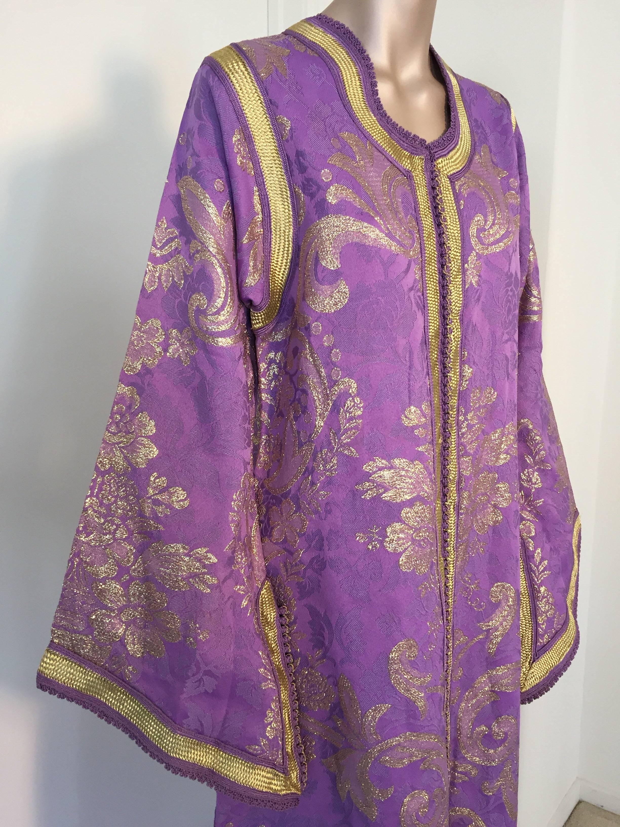 20th Century Lavender and Gold Brocade 1970s Maxi Dress Caftan, Evening Gown Kaftan