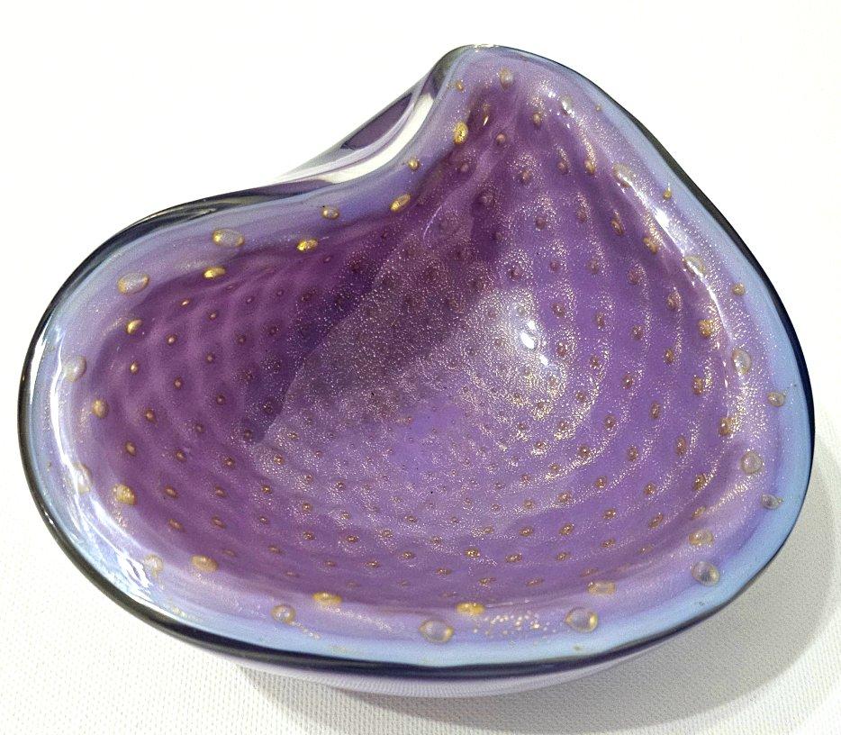 Cuenco Bullicante de Cristal de Murano Polveri Violeta y Dorado de Alfredo Barbini Italiano en venta