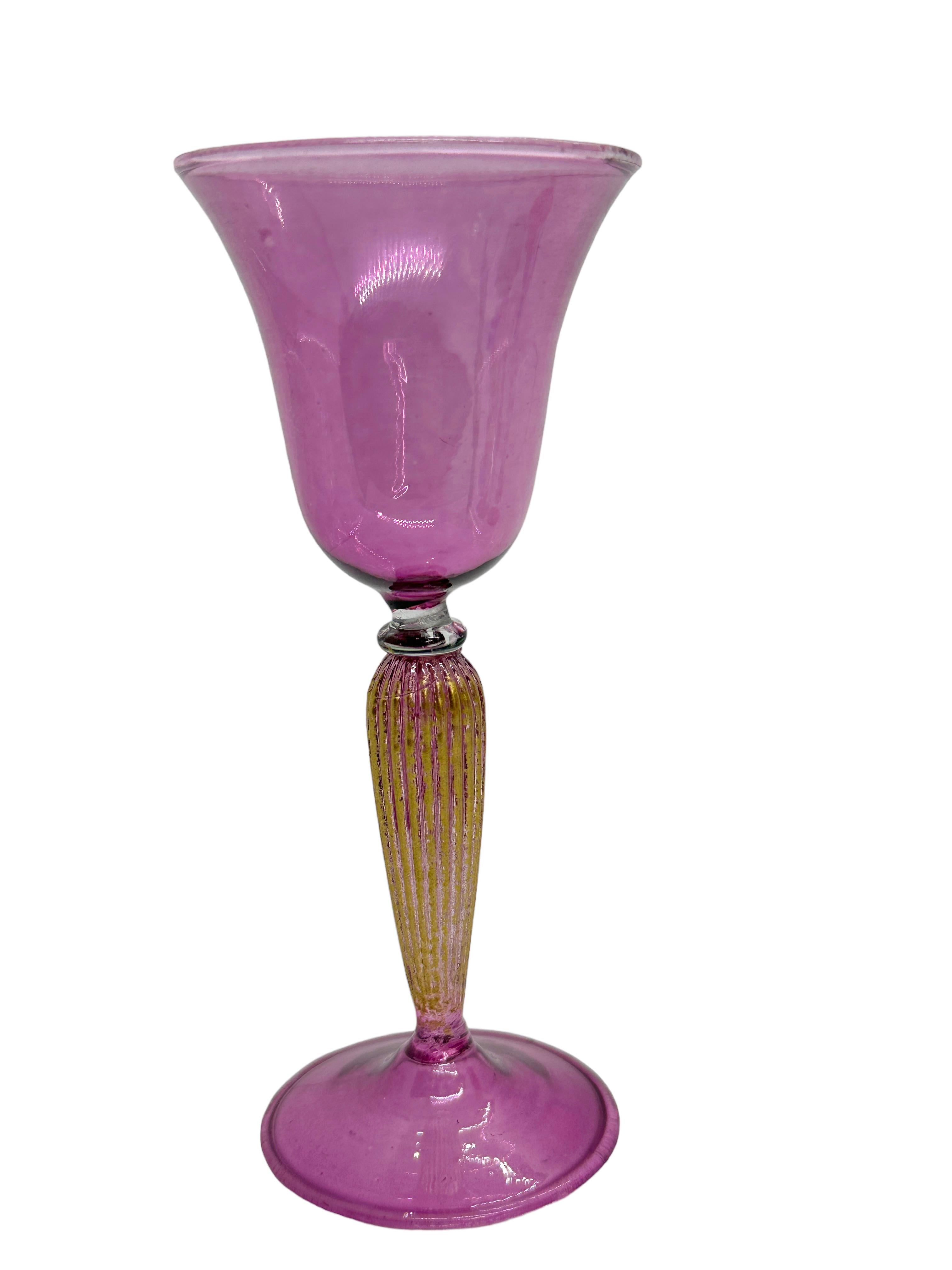 Renaissance Purple & Gold Stardust Salviati Murano Glass Liqueur Goblet, Vintage Italy  For Sale