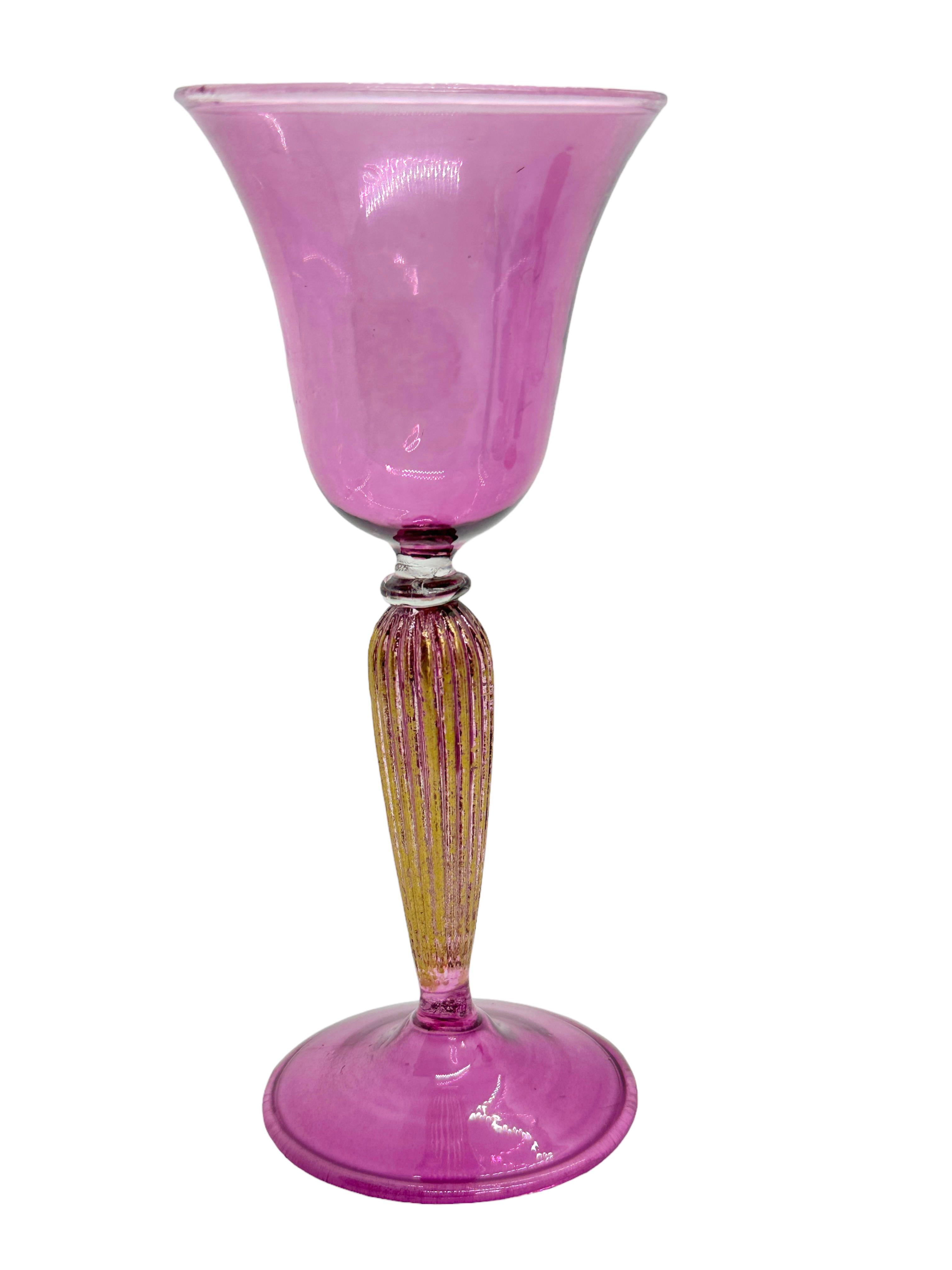 Hand-Crafted Purple & Gold Stardust Salviati Murano Glass Liqueur Goblet, Vintage Italy  For Sale