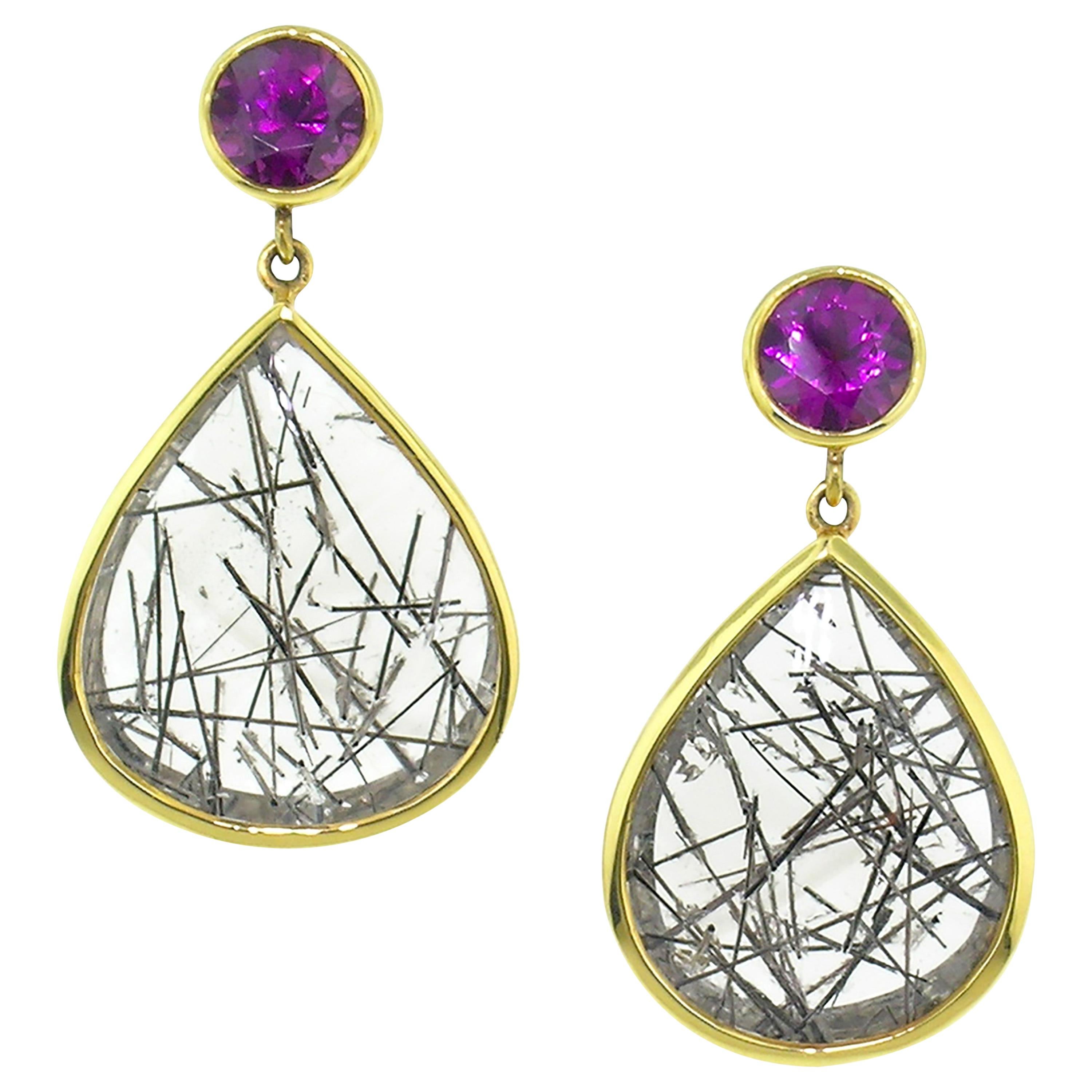 Purple Grape Garnet and Tourmalinated Quartz in 18kt Earrings by Cynthia Scott